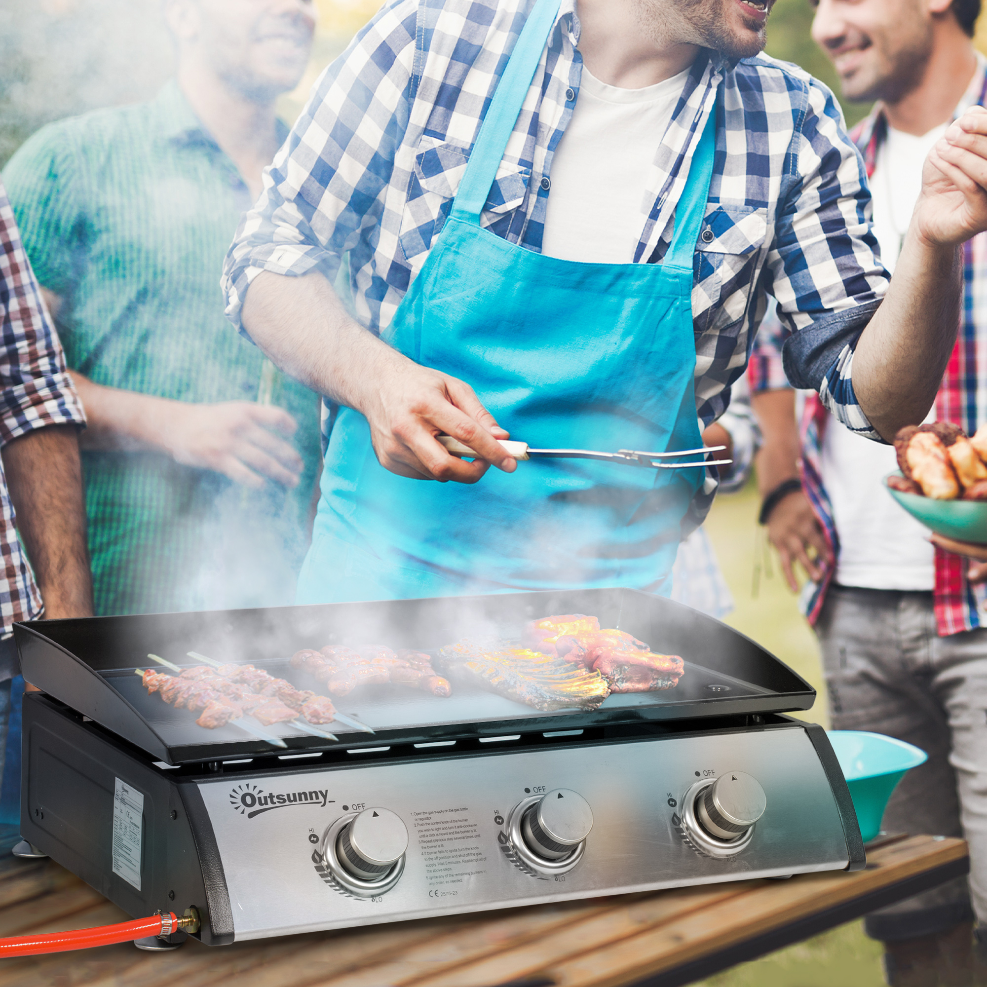 Gasgrill met 3 Branders, Slang, Anti-aanbak Grillplaat, Roestvrijstaal, Kleur: Zilver, 63 x 48 x 21 cm