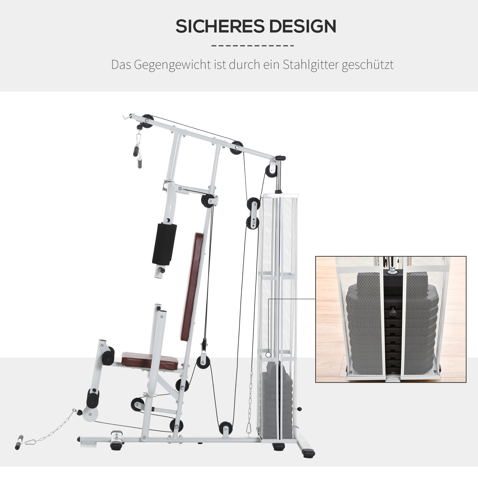 Gym Krachtstation Fitnessstation Multigym Fitnesscentrum Fitnessapparatuur incl. gewichten Latzug Beincurl Metaal PU-kunstleer Wit 150 x 110 x 210 cm