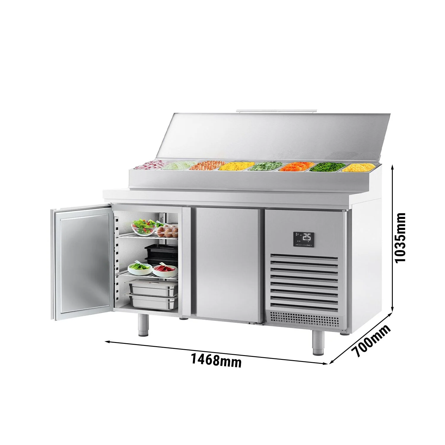 Saladette - 1468x700 mm - 2 dører - med lokk - for 1x GN 1/2 og 6x GN 1/3 beholdere
