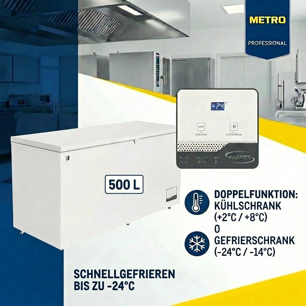 METRO Professional Gefriertruhe GHF2500, 500 L, 125 W, Tiefkühltruhe, 2 Ablagekörbe, Türschloss, Temperaturalarm, Rollen, Weiß