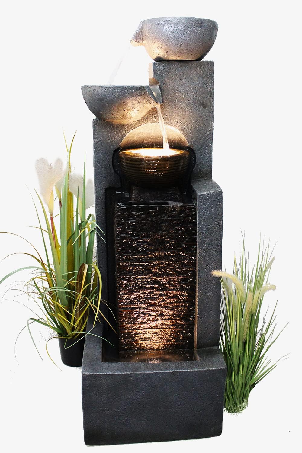 Arnusa Gro?er Gartenbrunnen mit LED Beleuchtung Springbrunnen Kaskade Wasserspiel Gartendekoration, Schwarz, Grau