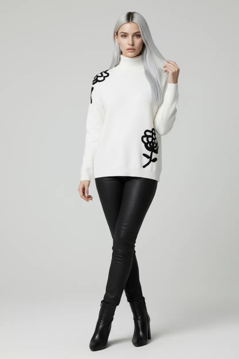 Black Floral Embroidered Polo-Neck Jumper