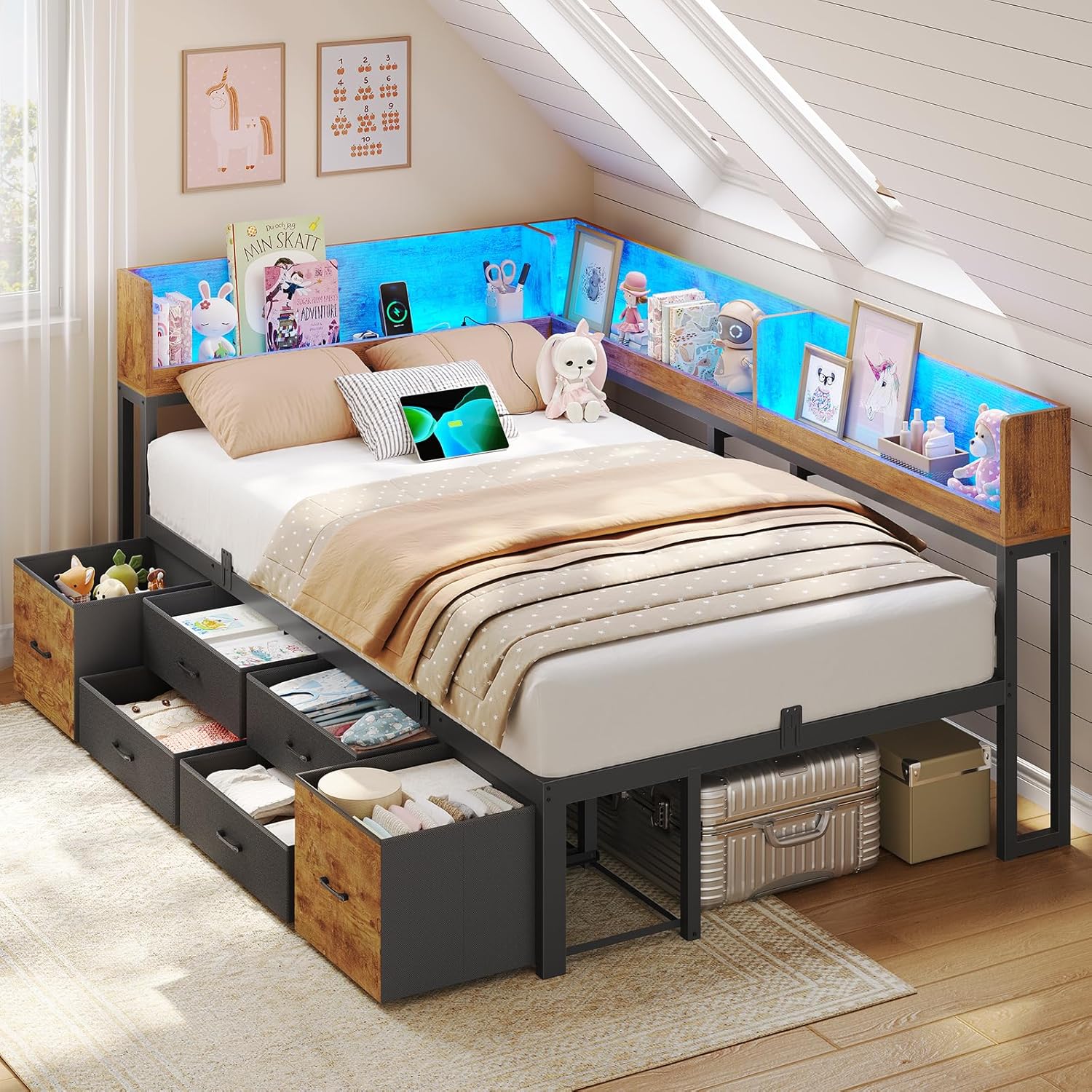 Bett 90x200 mit Stauraum Schlafsofa mit Integriertem Bücherregal & 6 Schubladen,Jugendbett mit LED-Beleuchtung & Ladestation Gästebett Tagesbett Bettgestell mit Lattenrost(Vintage Braun, 90x200cm)
