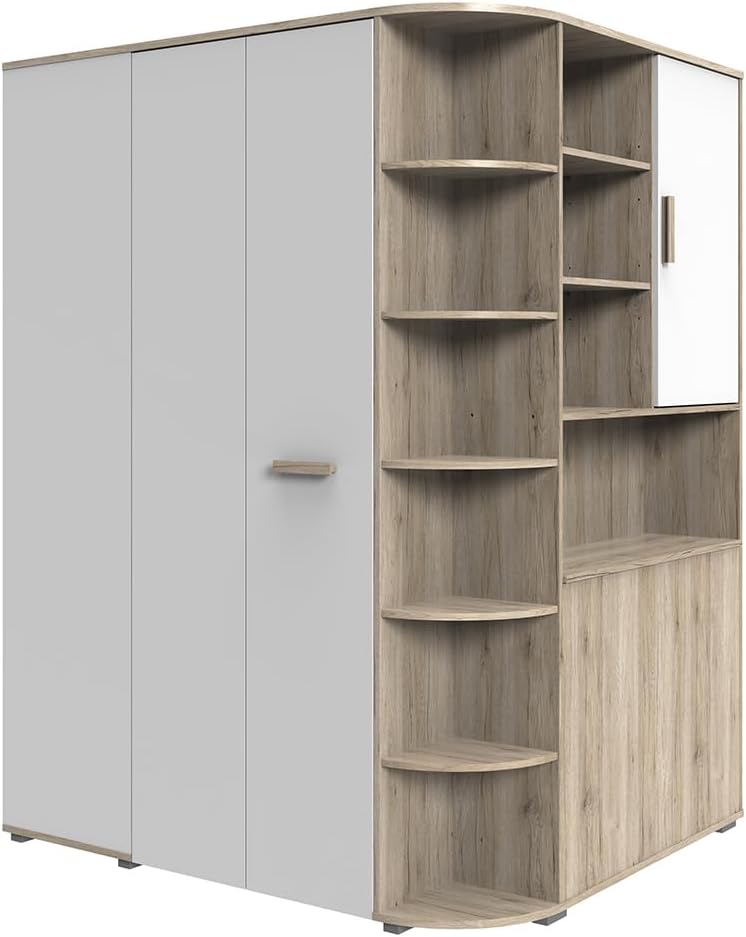Lomadox Kinderzimmer Jugendzimmer begehbarer Eckkleiderschrank Kleiderschrank mit Bettkasten in Eiche mit weiß