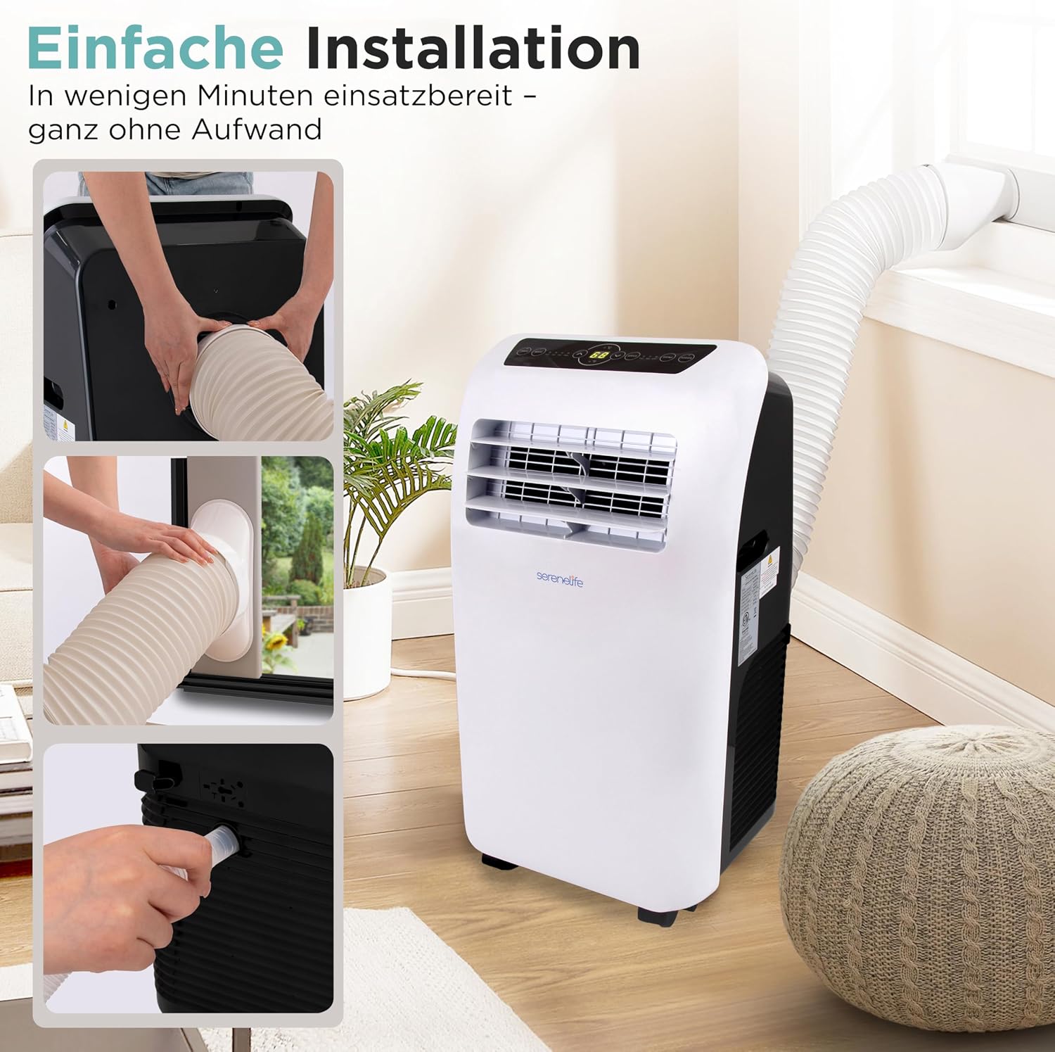 SereneLife Mobile Klimaanlage 4 kW 9000 BTU – L52 dB Leises Klimagerät für Schlafzimmer bis 20 m², Angenehme Kühlung an heißen Tagen, mit Entfeuchter, Lüfter & Fernbedienung