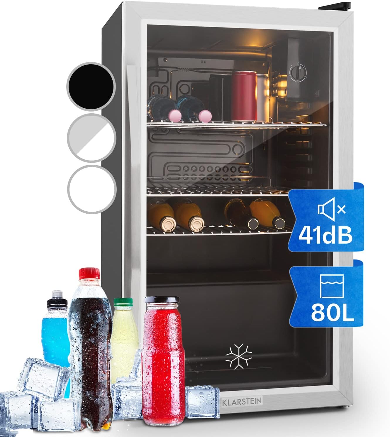 Klarstein Mini Kühlschrank mit Glastür, Mini, für Zimmer, Getränkekühlschrank Klein mit Verstellbaren Ablagen, 80 Liter, Indoor/Outdoor Kühlschrank Leise