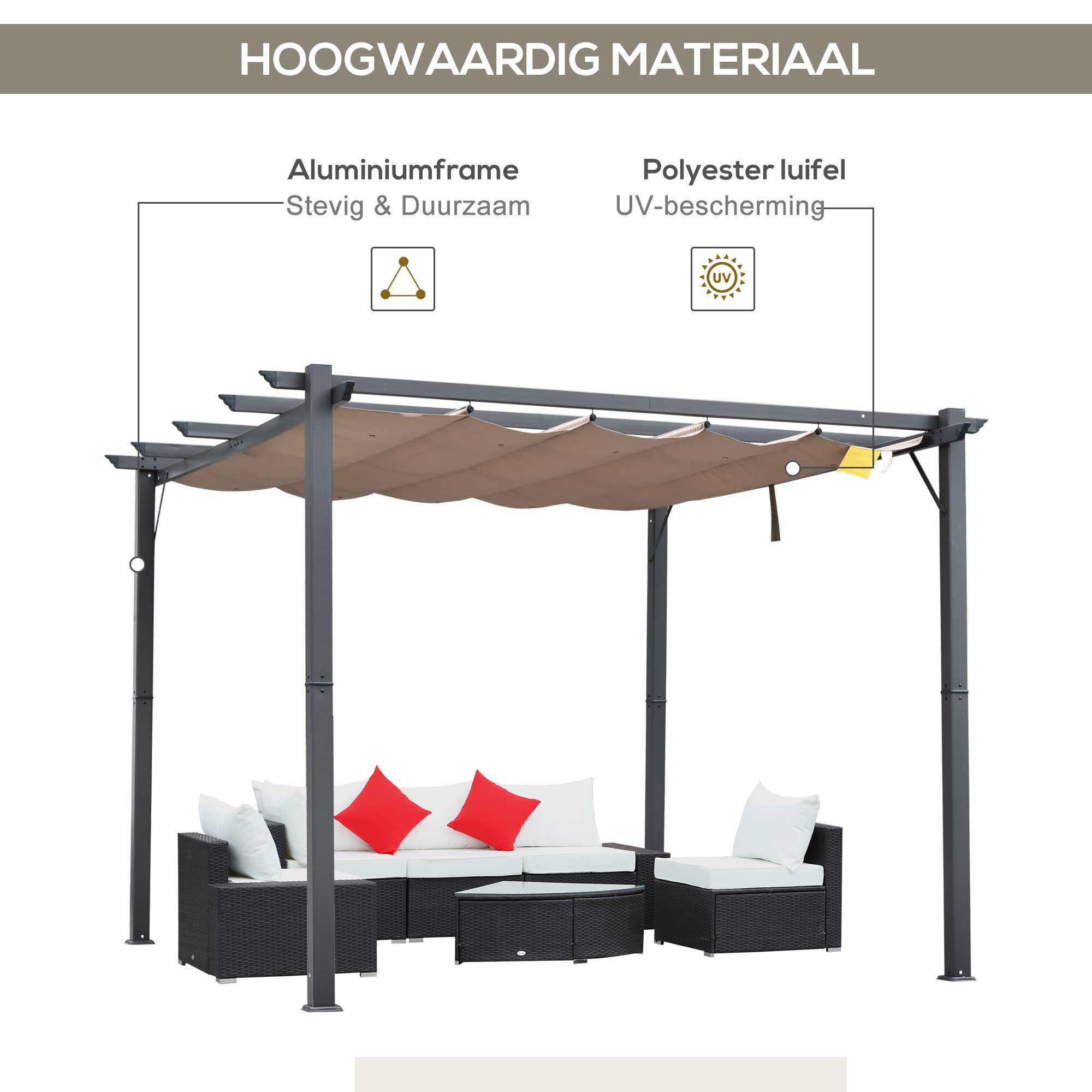 Outsunny Pergola met schuifdak paviljoen terrasoverkapping tuin aluminium 3 x 3 m bruin