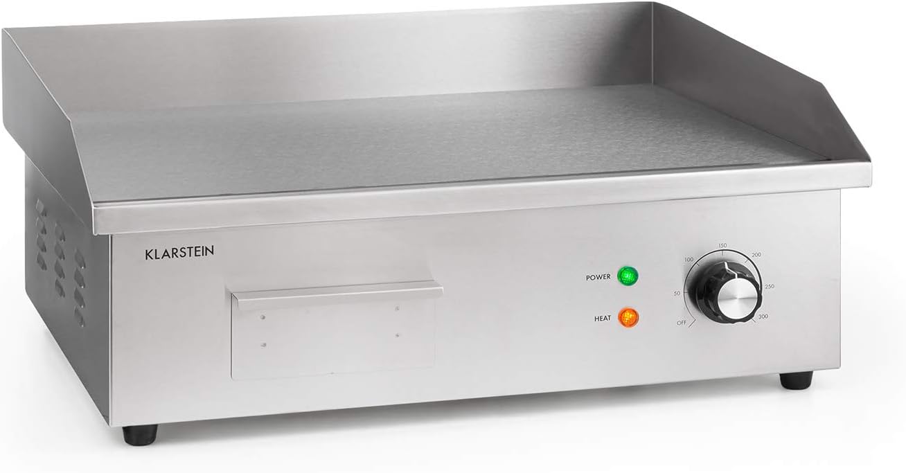 Klarstein Elektrogrill, Grillplatte, Elektrische Grillplatte, Tischgrill, Elektrogrill aus Edelstahl, Spritzschutz & Auffangbehälter, Glatte XL Grillfläche: 54,5x35 cm, Stufenlos 50-300 °C, 3000 Watt