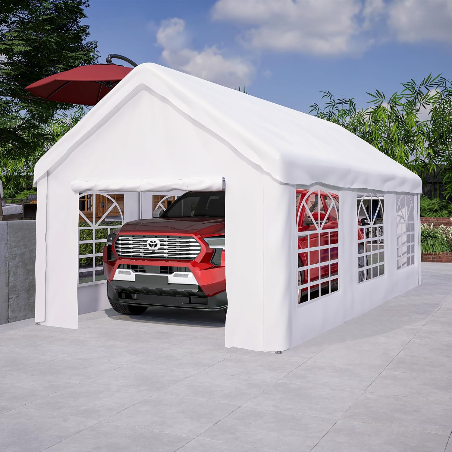 Carport Zeltgarage 3x6 m mit Roll-up-Tür abnehmbaren Seitenwänden wasserdicht 380N PE-Plane Stahlkonstruktion für Auto LKW Lagerzelt Motorradgarage Pavillon Gartenparty