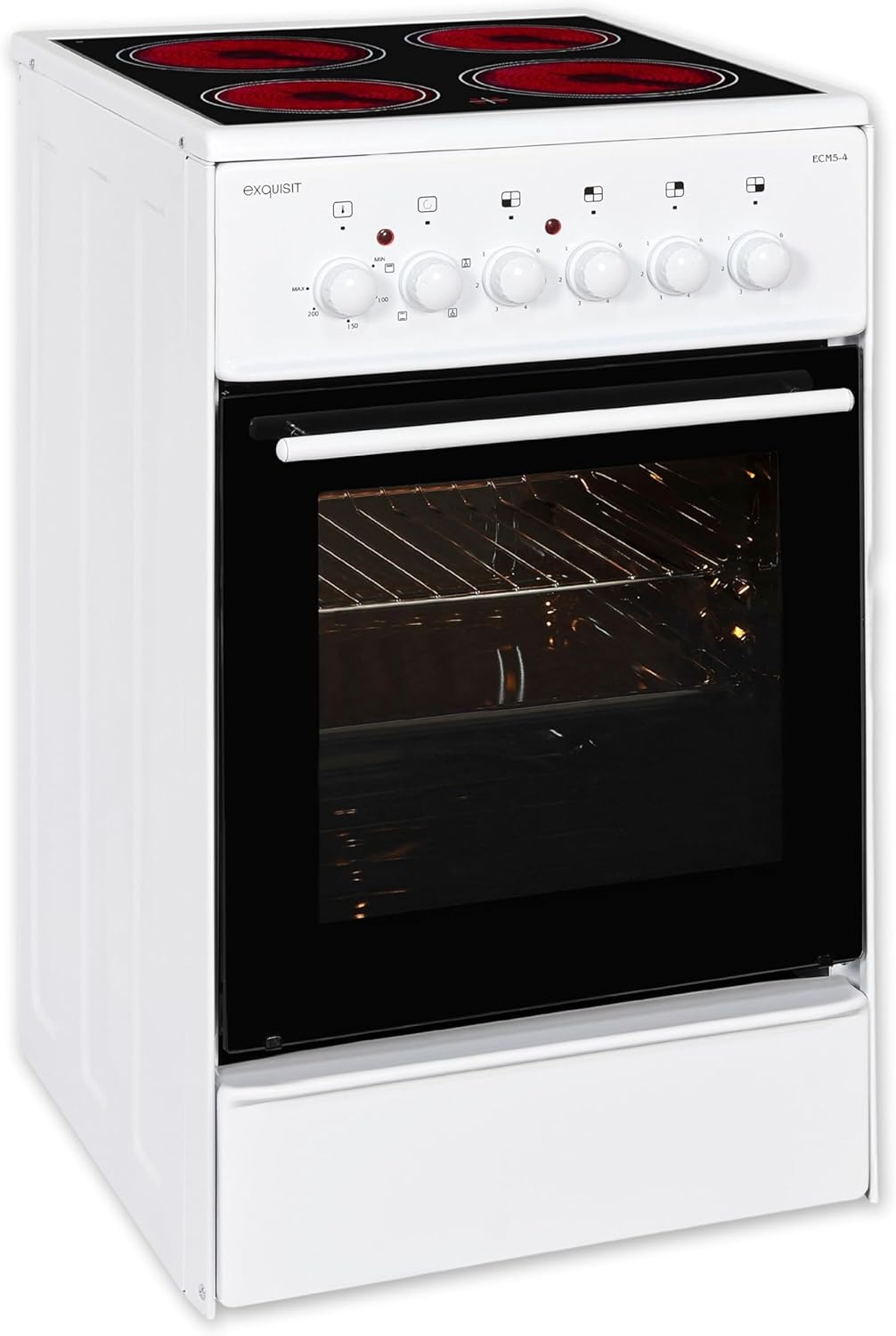 Exquisit Standherd, Standherd 50cm mit Glaskeramik Kochfeld, Ober- / Unterhitze, Backofen mit Umluft & Grill, Elektroherd freistehend 50 cm weiß, ECM 5-4-1