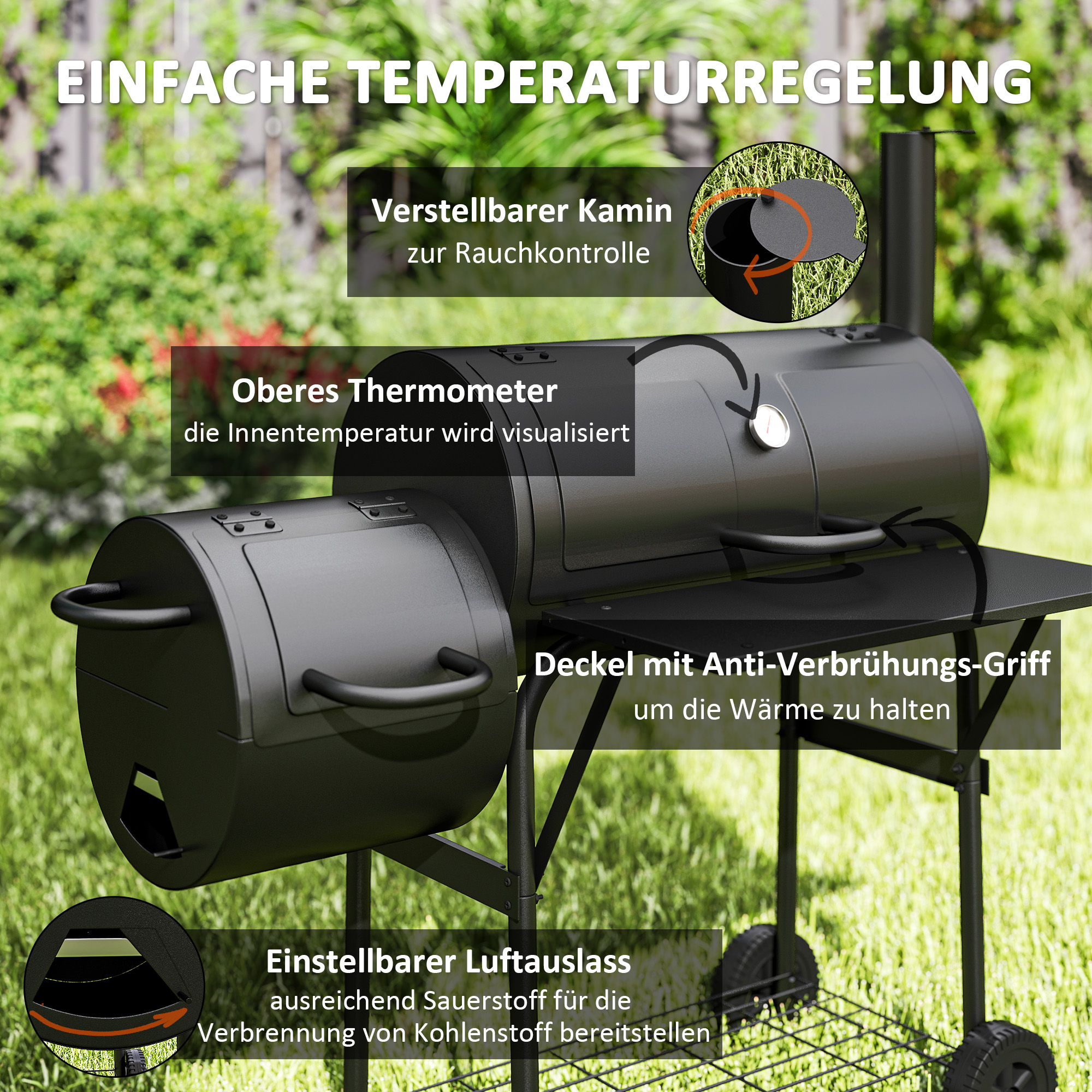 Stalen Houtskoolgrill BBQ Smoker met Deksel, Thermometer, Wielen, Luchttoevoer, Kolenbak