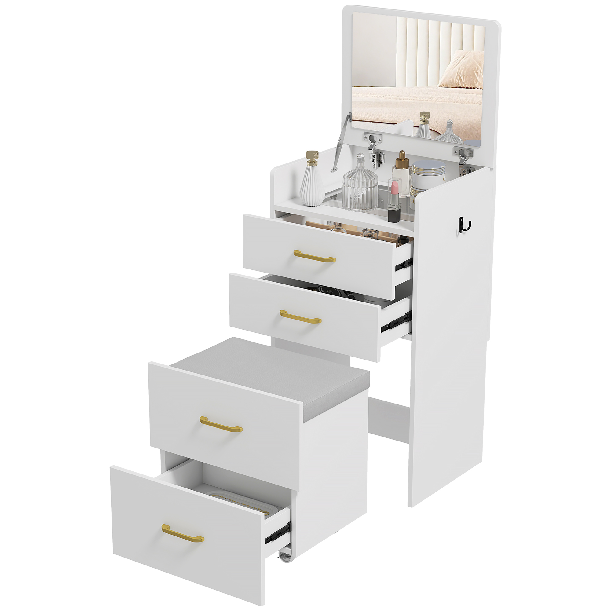3-in-1 Make-uptafel met Spiegel, Nachtkastje, Rollende Kruk, Lades, Wit