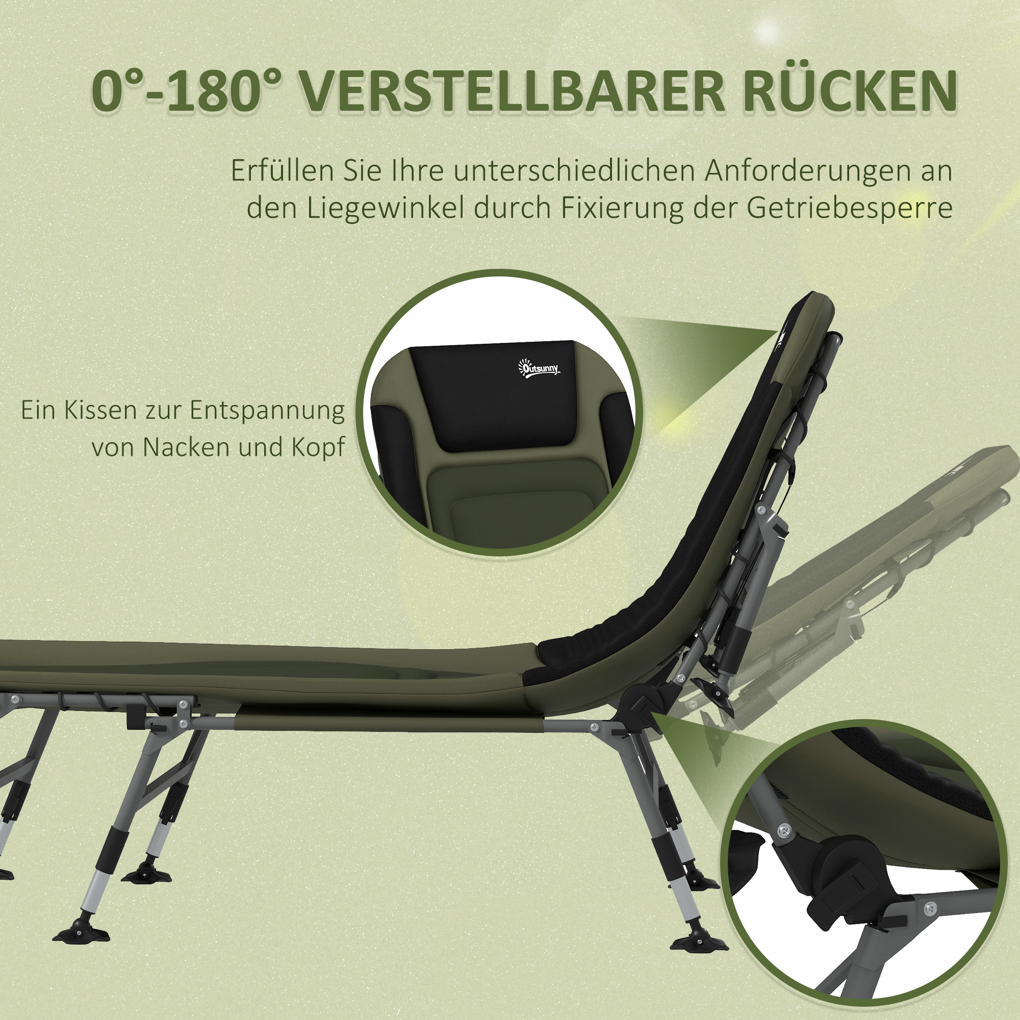 Outsunny Campingbed Ligbed Veldbed, 200 x 85 x 40-55 cm, Waterbestendig Groen