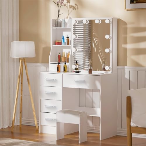 Teousev Toilette Trucco con Sgabello e Specchio, Toeletta Trucco con Luci, Postazione Trucco con 6 Cassetti, 6 Ripiani Aperti, Tavolo Trucco per La Camera Da Letto, 80X36X131cm, Bianco, JR071 : Amazon.it: Casa e cucina