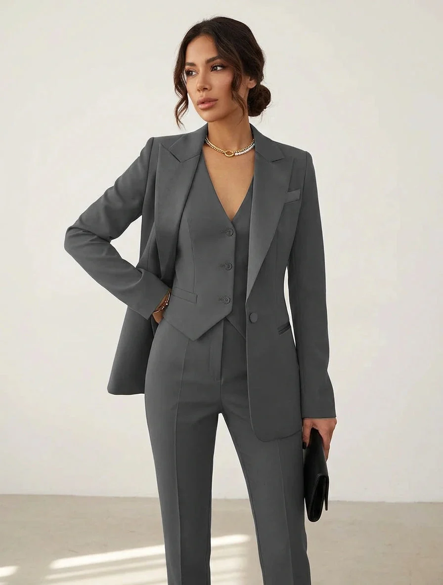 Damen Hosenanzug 3-teilig Set mit Blazer Weste und Stoffhose | Elegantes Business Outfit f��r B��ro und Events