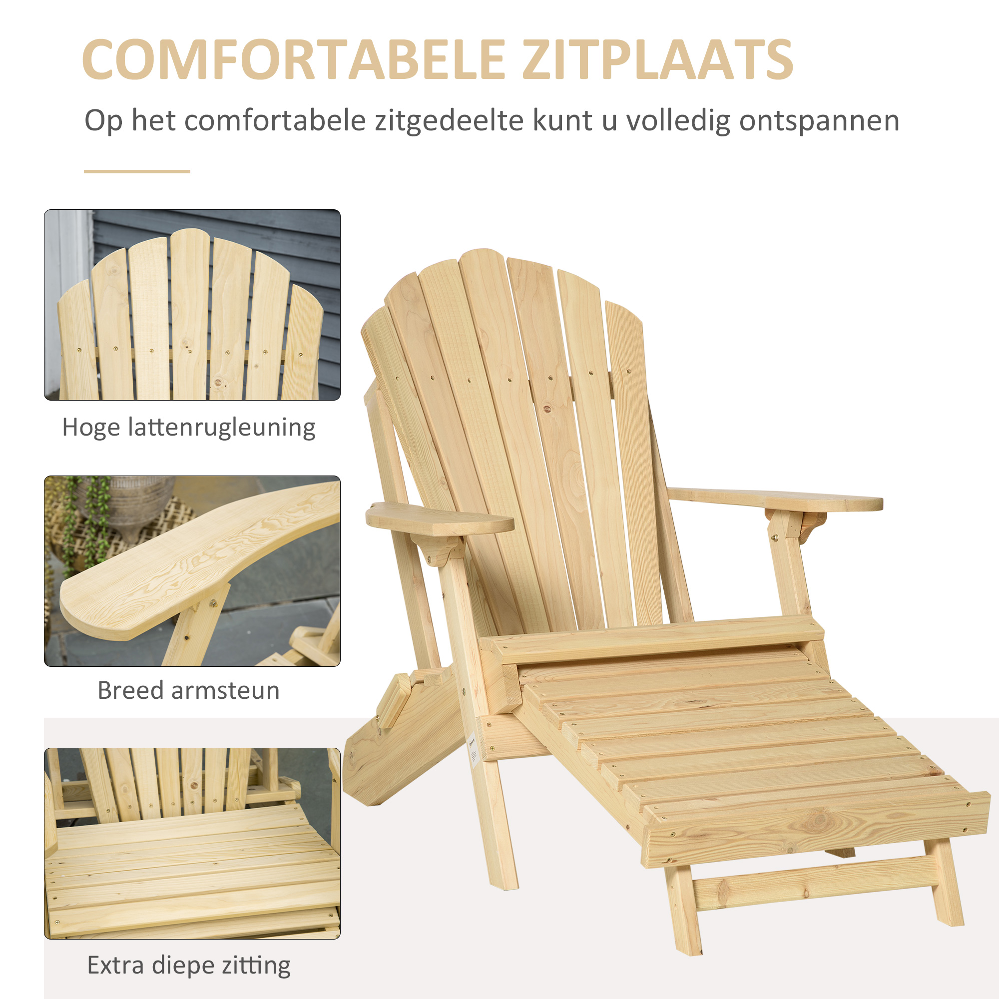 Adirondack Tuinstoel met Voetensteun Opvouwbaar Ligstoel Buitenmeubilair Grenenhout Natuur 78 x 140 x 94 cm