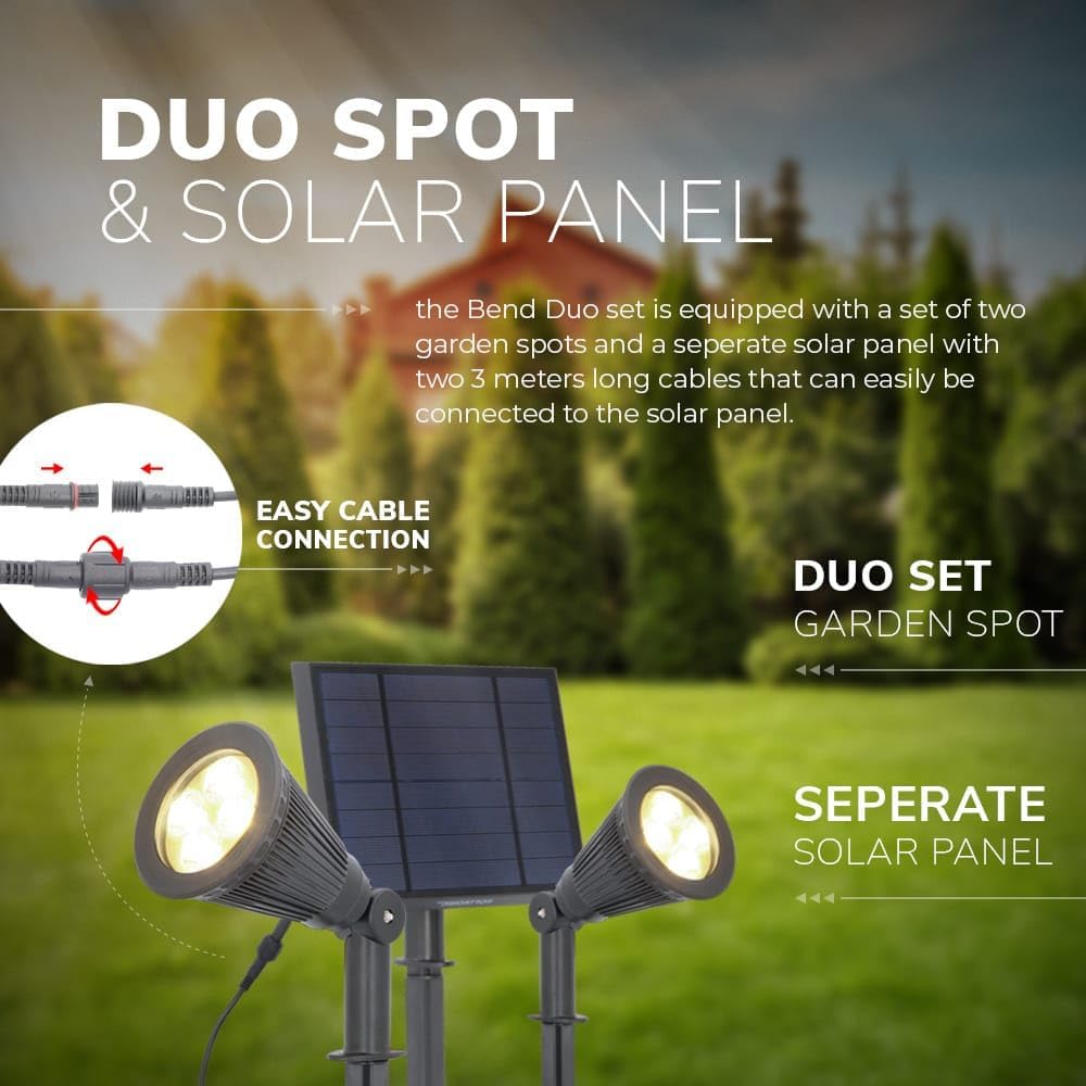 HOFTRONIC - 6er Pack Solar Gartenstrahler Bend Duo IP65 Wasserdicht 3000K Gartenleuchte LED Solarlampen Außen Solarleuchte Erdspieß Wegeleuchte mit Wintersolar Solarpanel Warmweiß Garten Solarstrahler