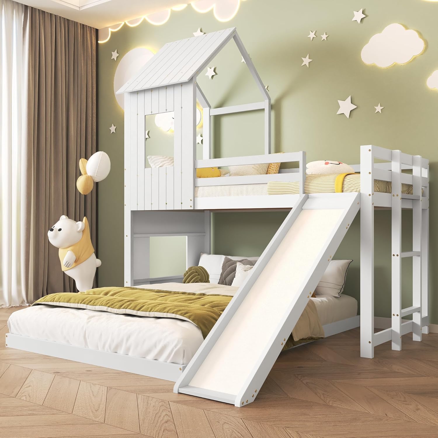 Kinderbett Etagenbett 90x200 cm & 140x200 cm mit Rutsche und Leiter, Hochbett Holzbett mit Rausfallschutz, Bett Bettgestell mit Lattenrost, Hausbett für 2-3 Kinder, Weiß, Ohne Matratze