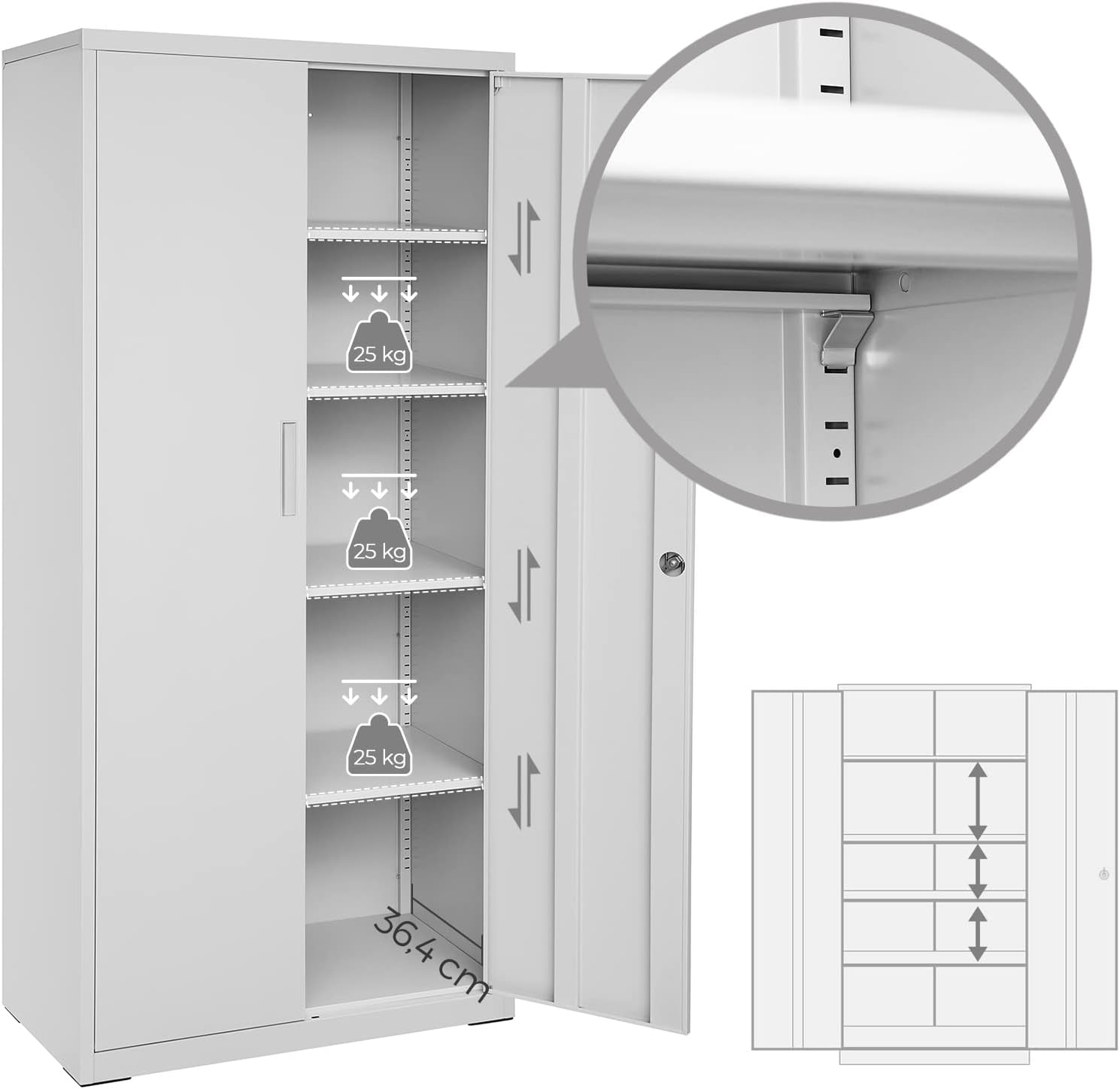 SONGMICS Aktenschrank, Mehrzweckschrank, Stahl-Aufbewahrungsschrank, 5 Ebenen, Doppeltüren, Schloss, Werkzeugschrank, verstellbare Ablagen, Garage, Büro, Wohnzimmer, grau OMC015G01
