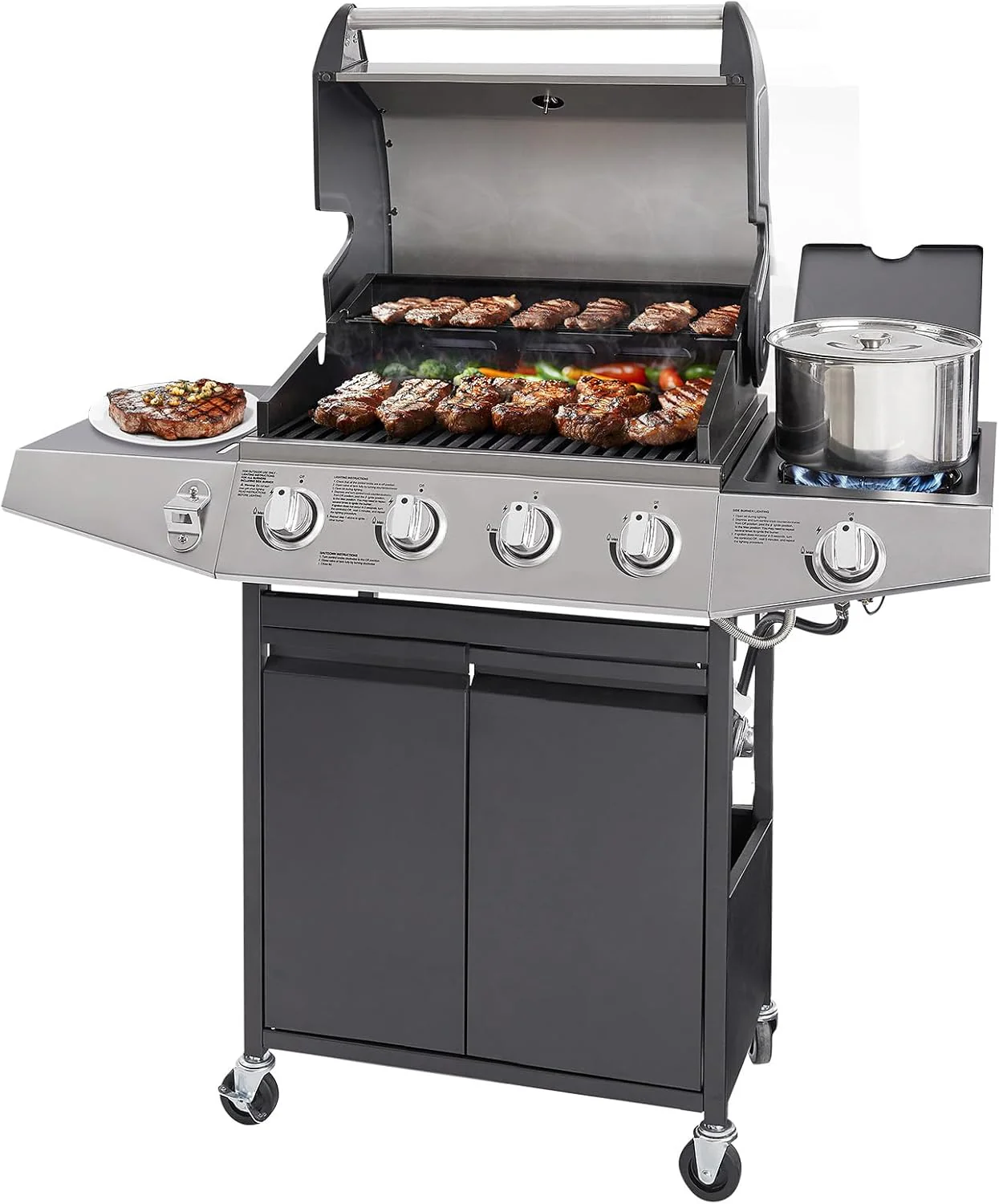 Unovivy 4-Burner Propane Gas Grill with Side Burner. Portable BBQ Grills with Oil Tray