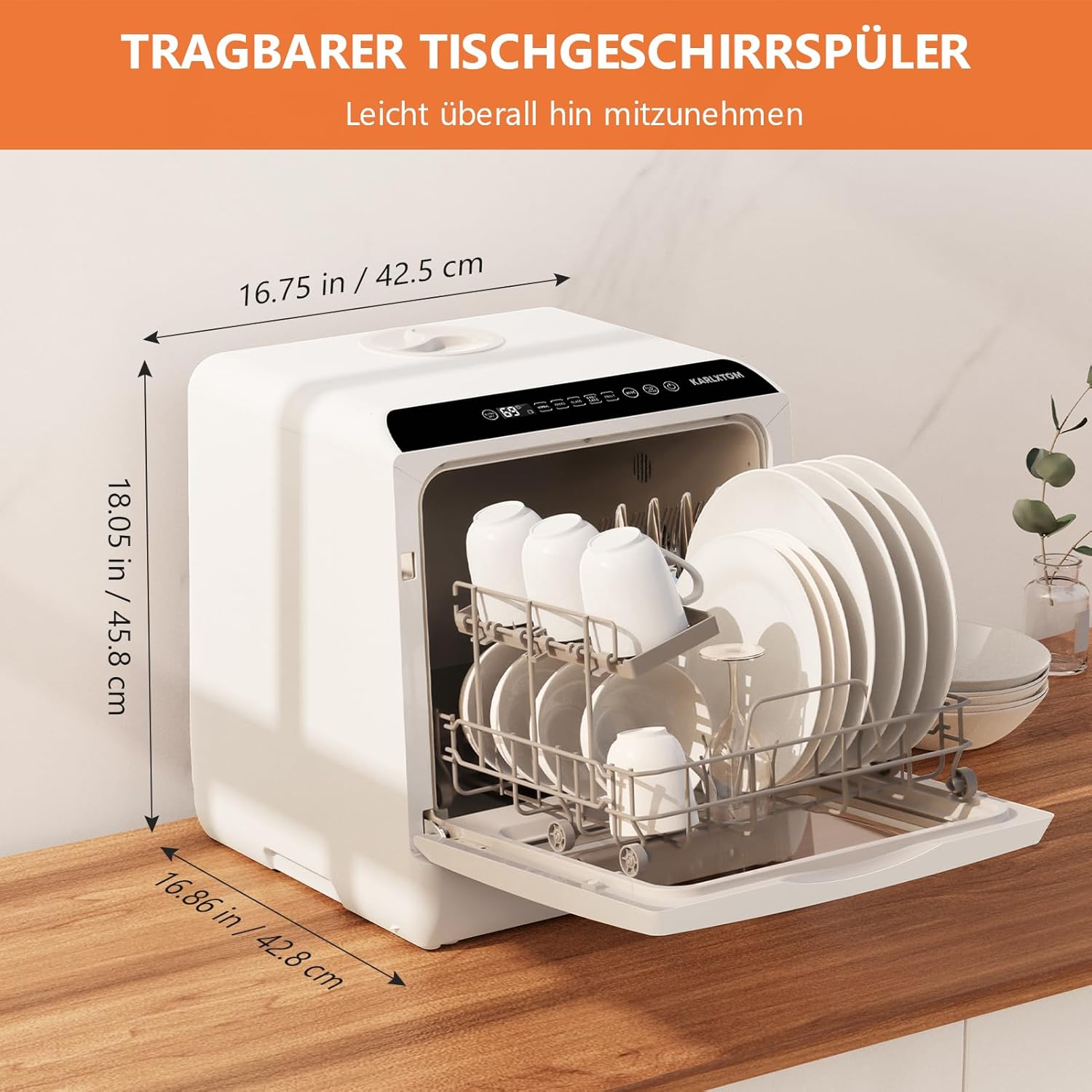 Karlxtom TDQR03A Mini Geschirrspüler, 6 Programme freistehender Tischgeschirrspüler, Spülmaschine mit 2 Wasserversorgungsmodi, Auto-Trocknung, Perfekt für kleine Familien und Paare