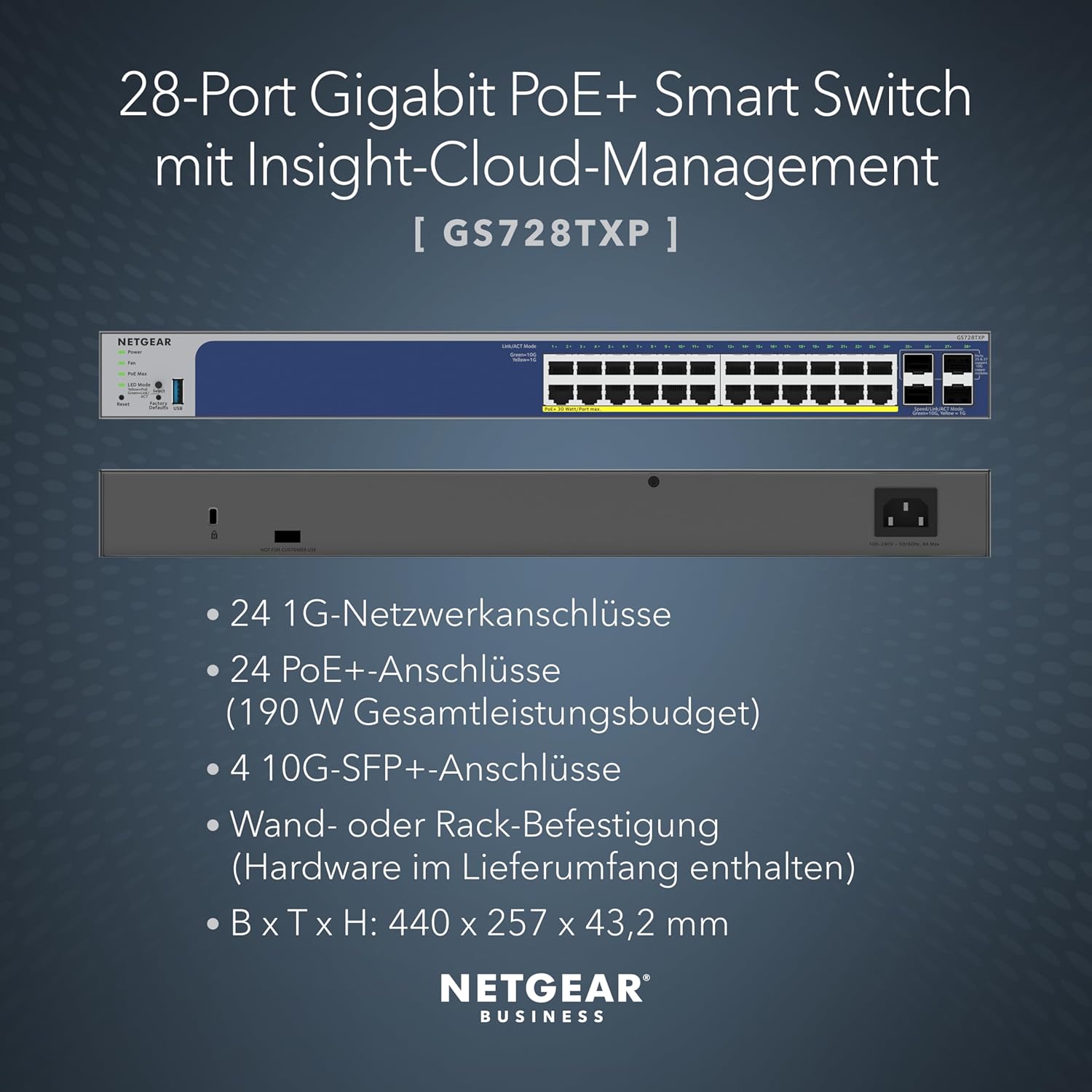 NETGEAR 28-Port PoE Gigabit Ethernet Smart Switch (GS728TXP): Managed, mit 24 PoE+ bei 190 W, 4 10G-SFP+, optionales Insight Cloud Management, Wand- oder Rack-Befestigung und eingeschränkte Garantie