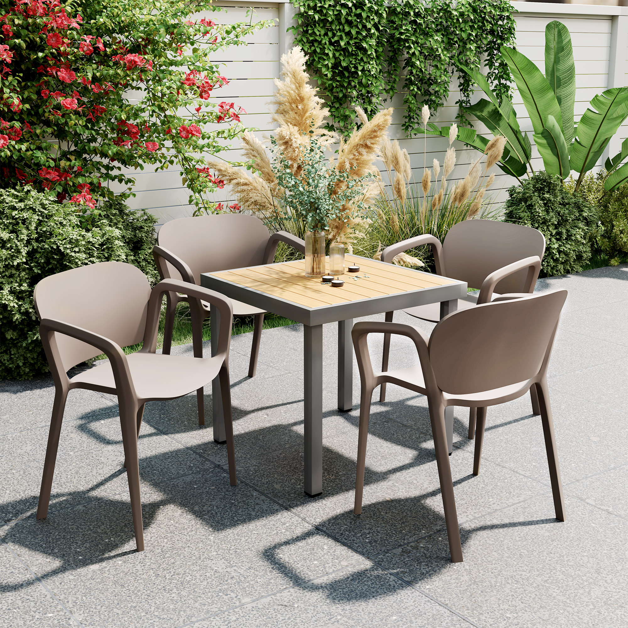 4-delige Tuinstoel Set Weerbestendig, Stapelbare Kunststof Stoelen met Armleuningen en Rugleuning tot 120 kg Belastbaar
