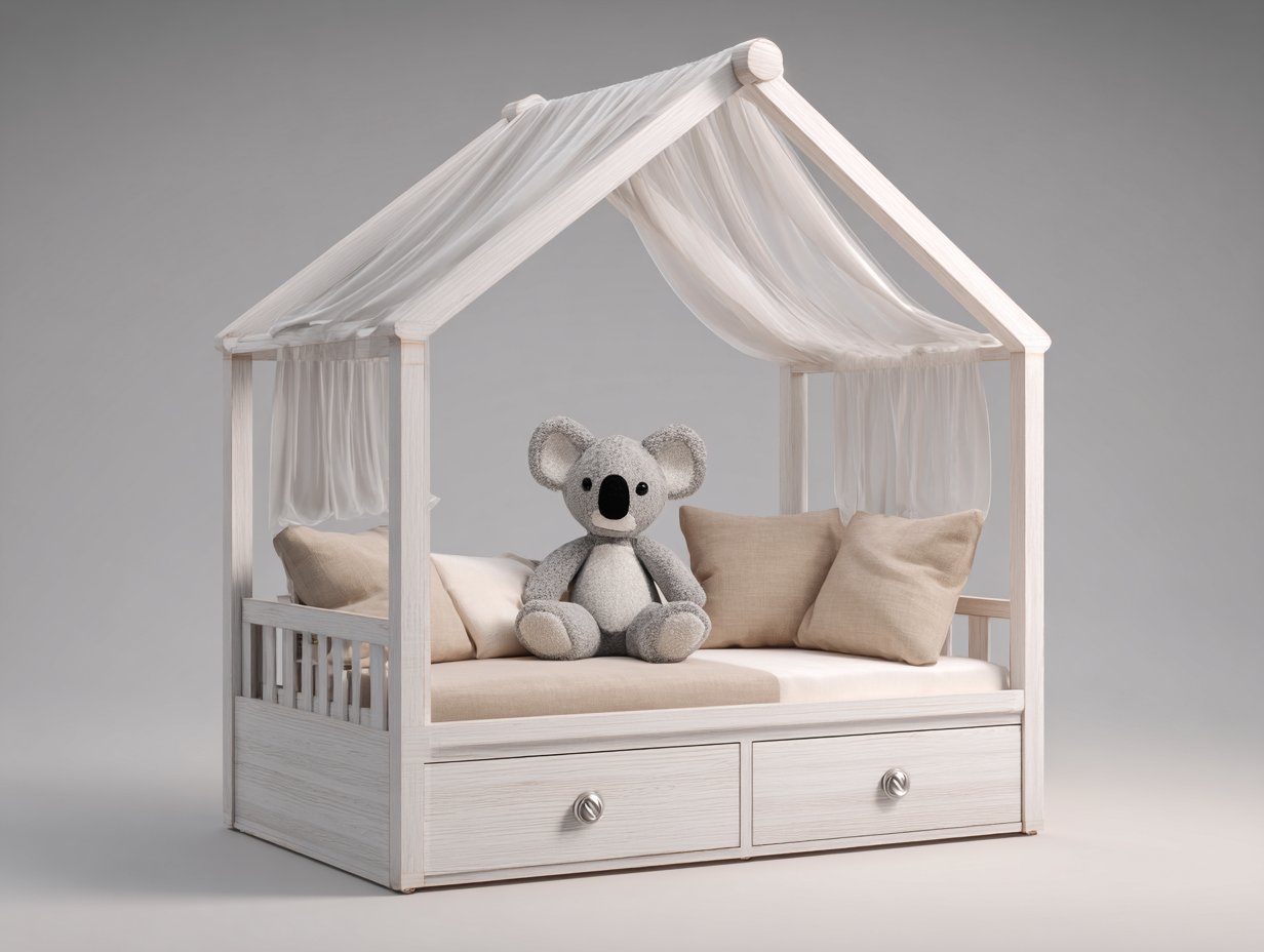Hausbett-Holzrahmen-160x80x155cm-Weiß-Vorhang-Schubladen-Hausdesign