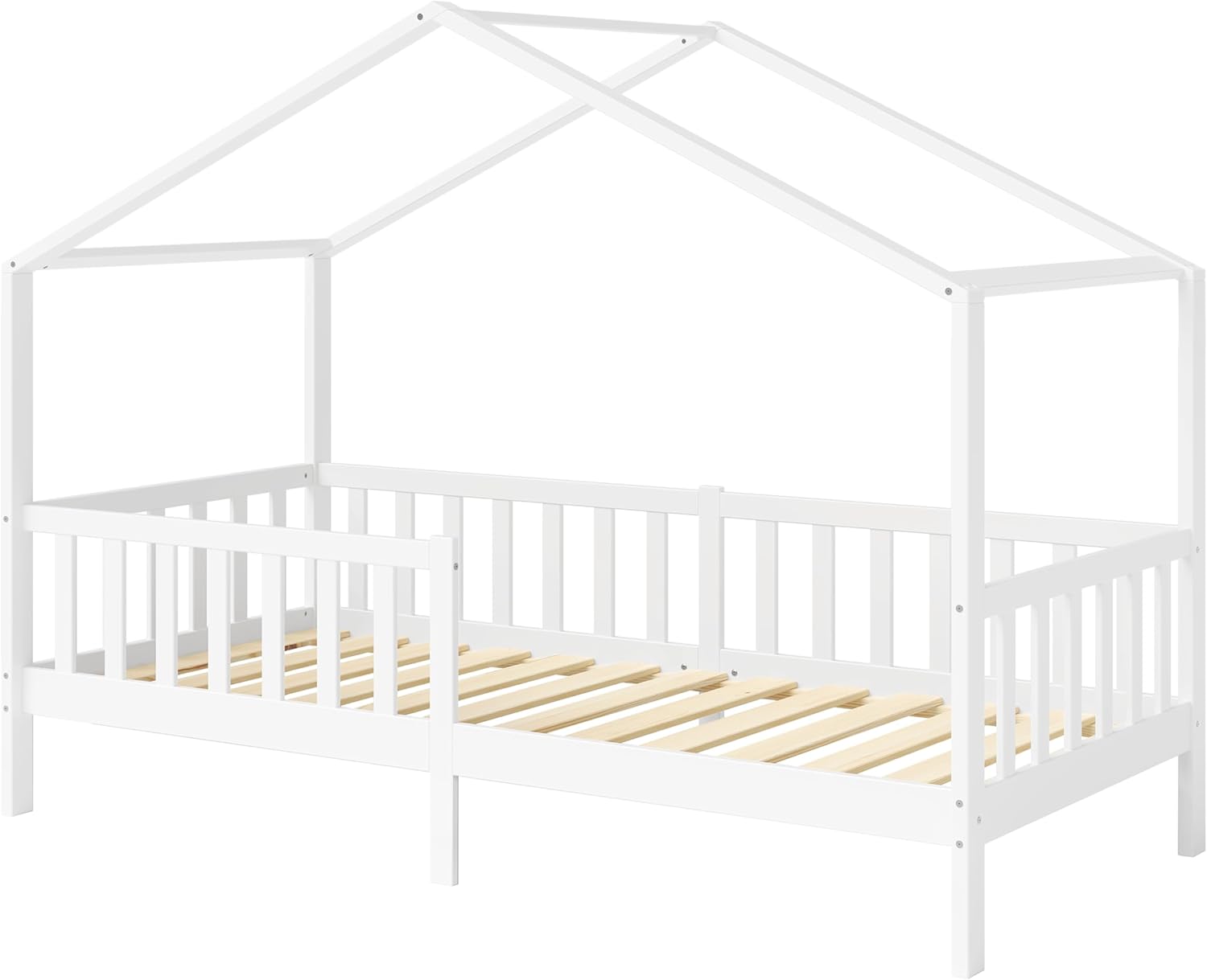Bellabino Kinderbett Bia 140x200 cm, Hausbett Kinder inkl. Rausfallschutz und Rolllattenrost, Montessori Bodenbett weiß aus Massivholz Kiefer
