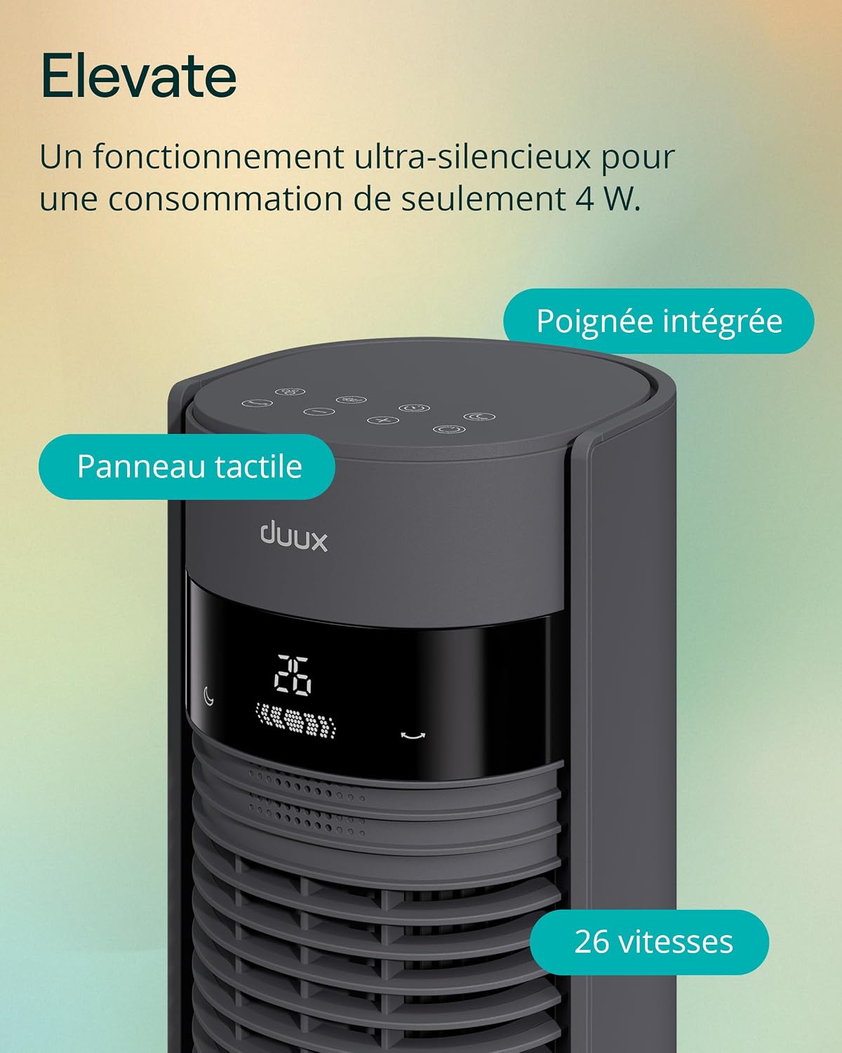 Duux Elevate Smart Ventilateur Tour - 26 Vitesses, 80° Oscillation, Seulement 25dB, Ionisateur, Minuterie (1–12h), Mode Sommeil, Tactile & Télécommande - Ventilateur Silencieux pour Chambre/Bureau