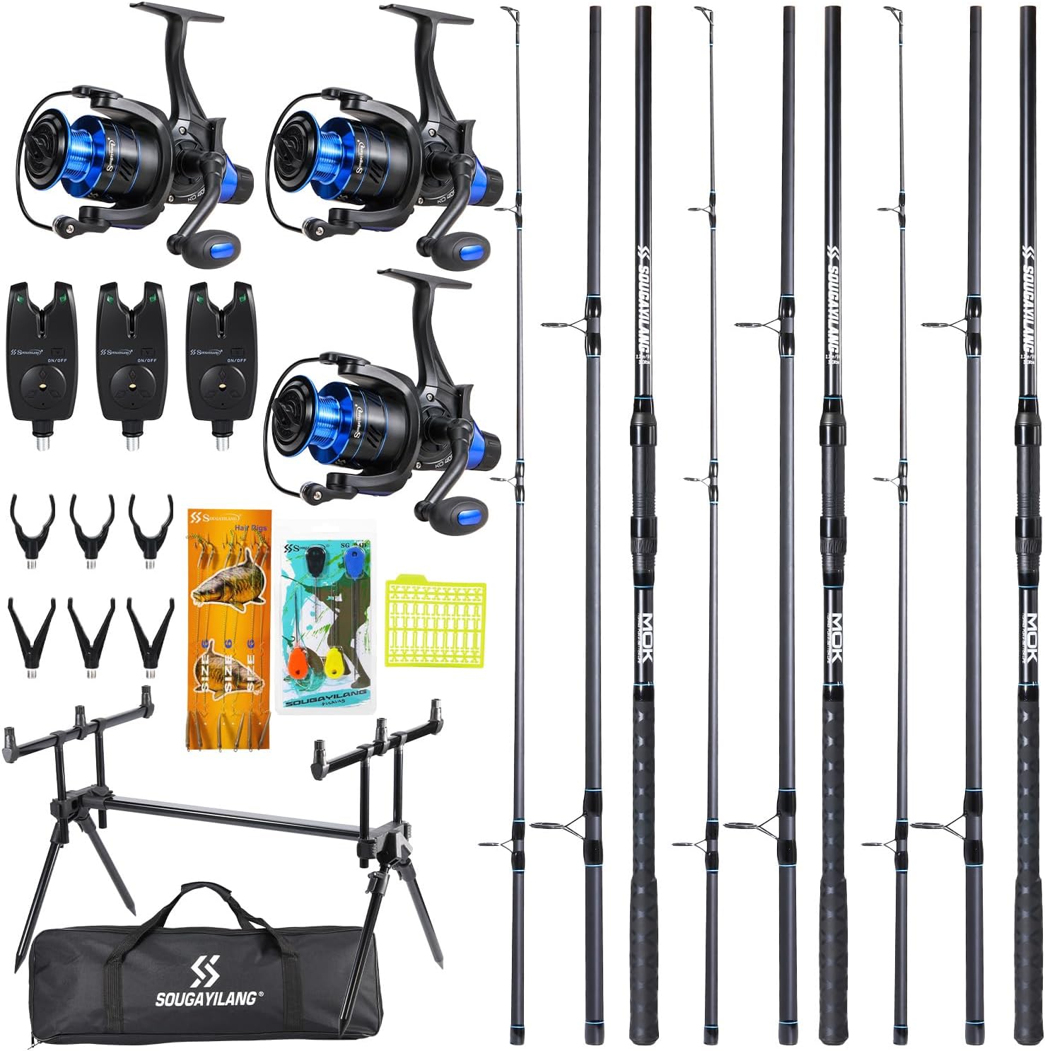 Sougayilang Karpfenangel-Set, 3 Ruten und Rollen im Kombipack, Verstellbarer Rutenhalter, Bissanzeiger, anfängerfreundliches Komplettset zum Karpfenangeln in Karpfenseen und Flüssen