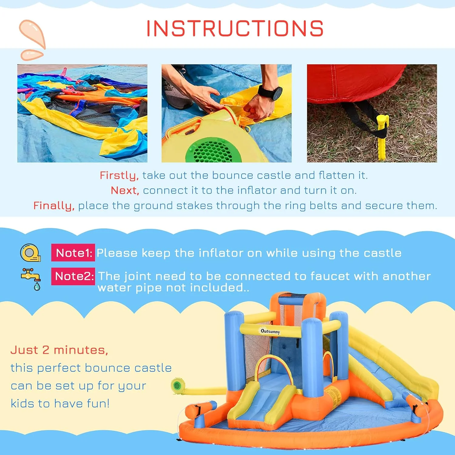 Kids Inflatable Water Slide 5-in-1 Bounce House Water Park Jumping Castle with Water Pool, Slide, Climbing Walls, & 2 Water Cannons, 450W Air Blower