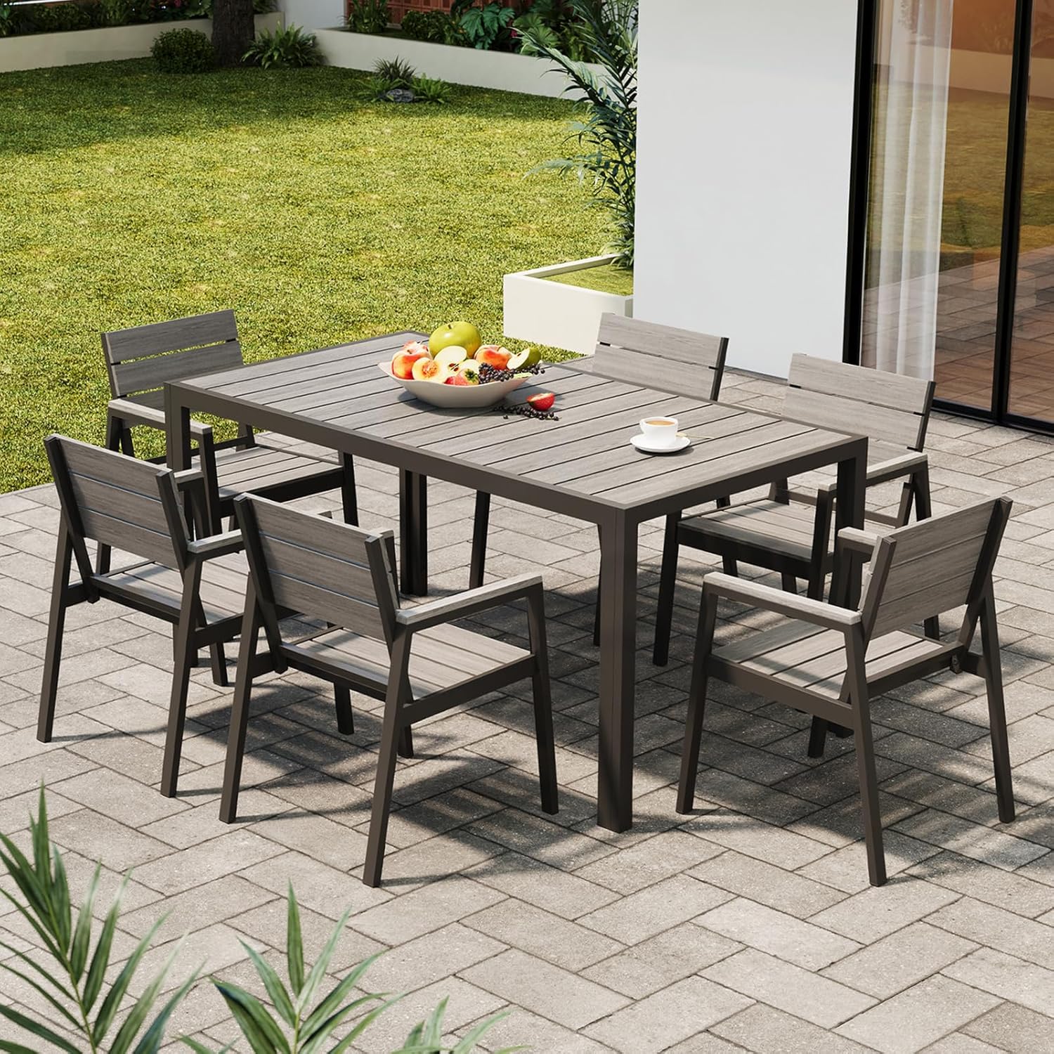Devoko HDPS Conjunto de jardín de exterior de 7 piezas, resistente a la intemperie,con mesa de 150 cm y 6 sillas de jardín de exterior de aluminio,acabado imitación madera y fácil mantenimiento (gris)