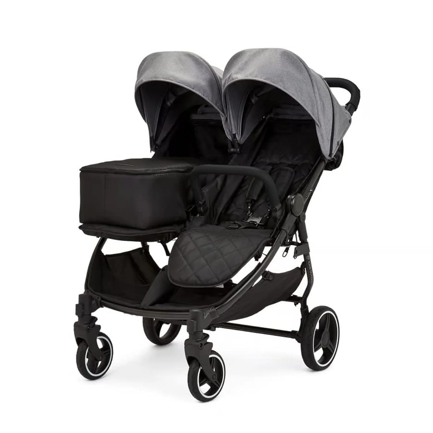 Ickle Bubba Venus Prime Doppelkinderwagen - geeignet von Geburt bis 15 kg (ca. 3 Jahre), leichter, faltbarer Zwillingskinderwagen mit Neugeborenenkokon, 2 Fu?w?rmern und Regenschutz (Schwarz)