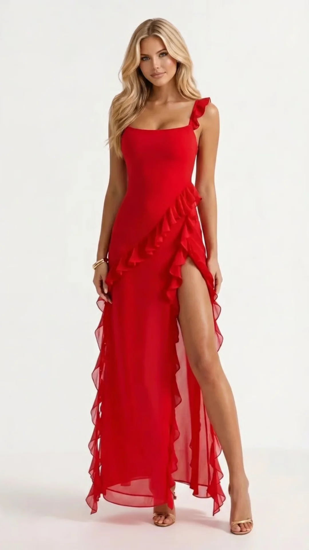 Maxikleid mit Volants und Beinschlitz | ?rmelloses Abendkleid mit quadratischem Ausschnitt | Luftiges Sommerkleid f��r