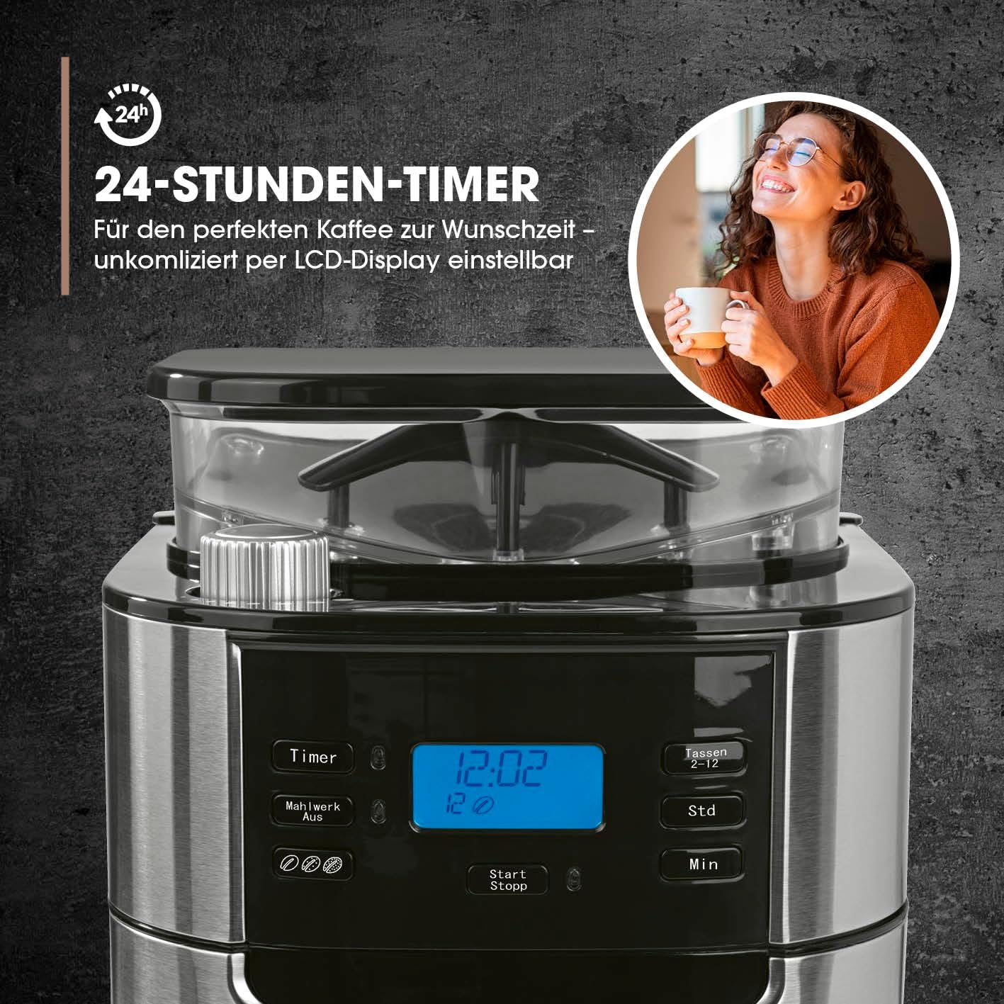 Barista filterkoffiezetapparaat met verstelbare molen & thermoskan | Warmhoudfunctie, 24-uurs timer & permanent filter | Voor 10 koppen koffie | Koffiezetapparaat voor bonen & poeder [roestvrij staal]