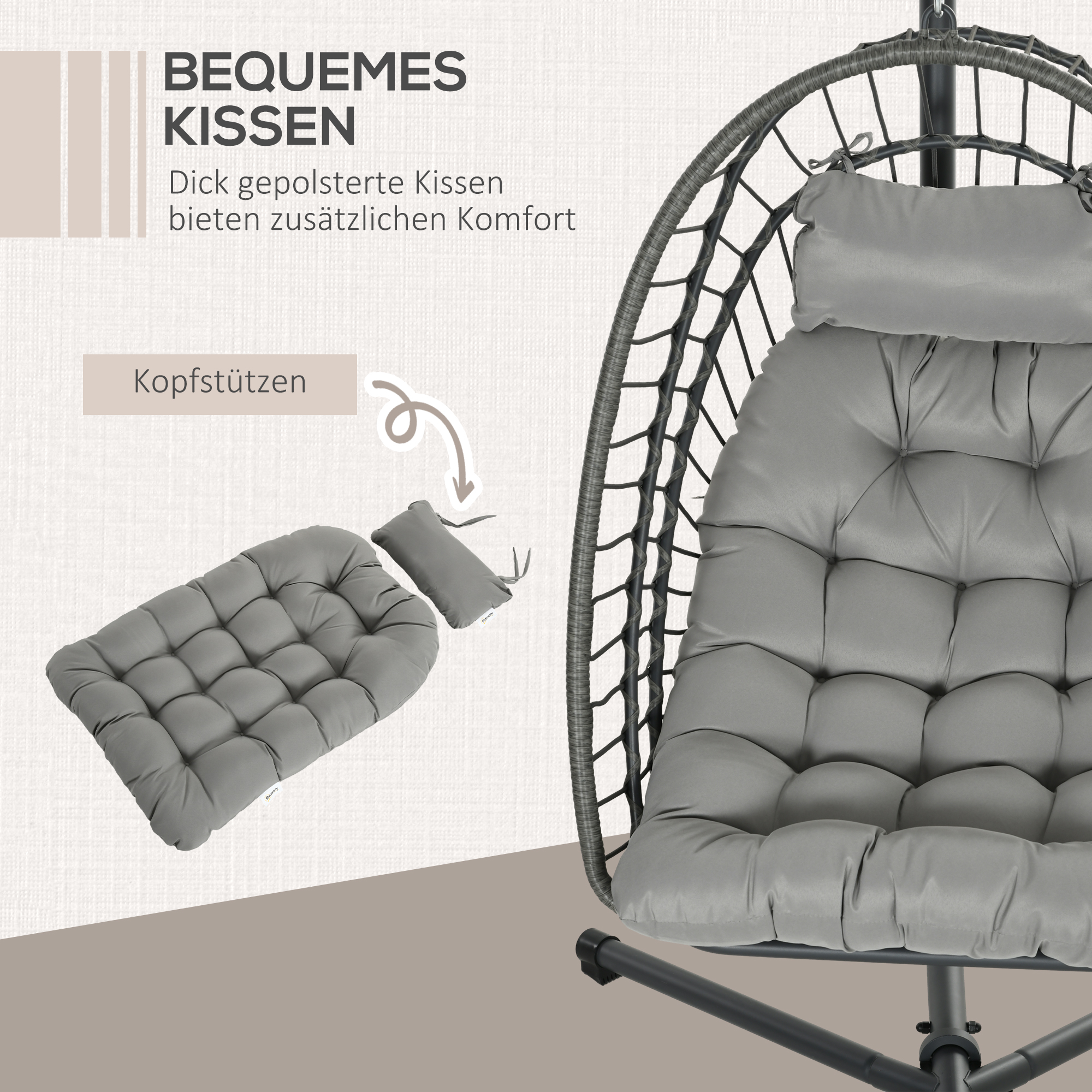 Outsunny Hangingstoel Rotan Loungestoel, weerbestendig, 1 kussen, 100 cm x 131 cm x 194 cm, Lichtgrijs