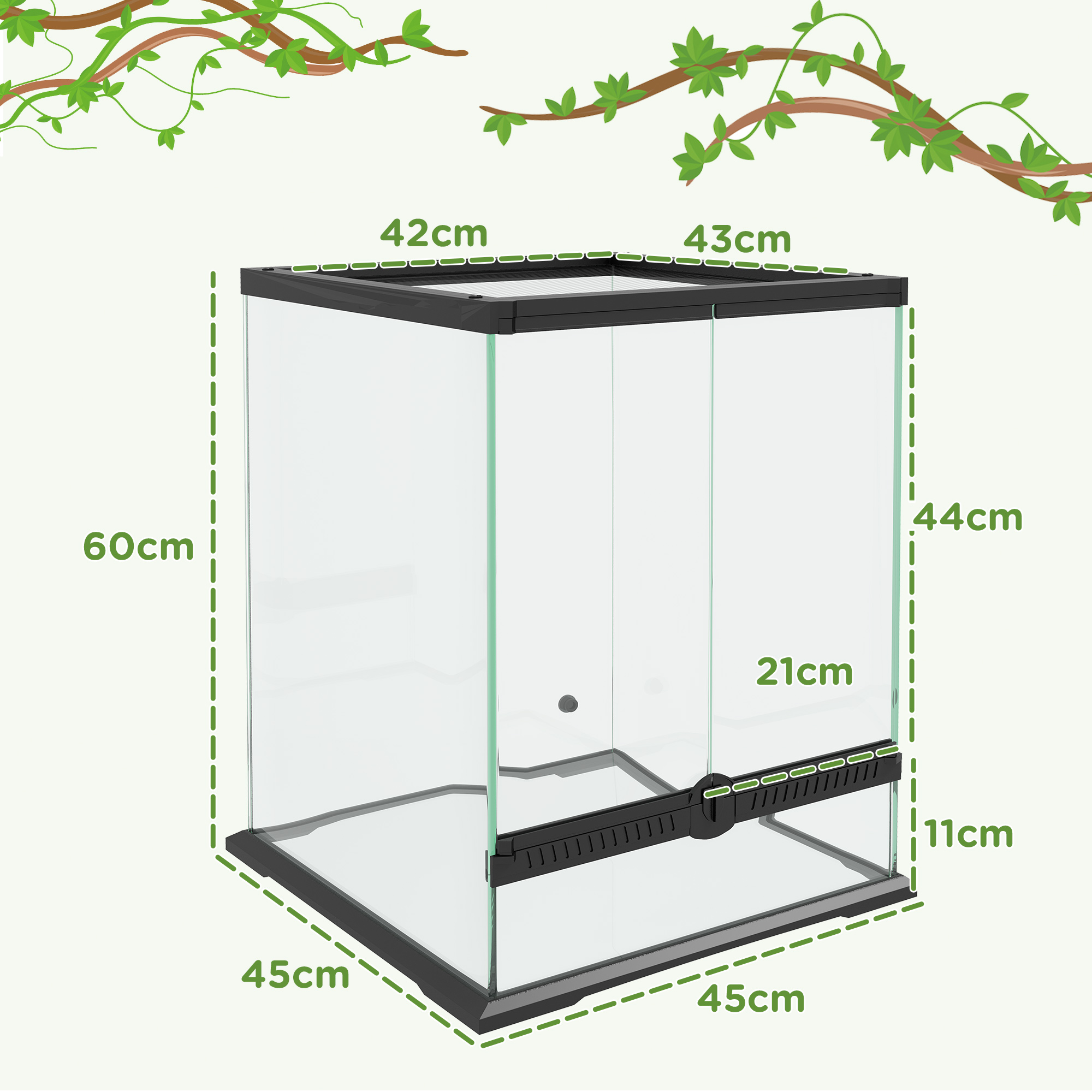 Afsluitbaar Terrarium, Glazen Behuizing, Kabelbeheer, 45x45x60cm, Zwart