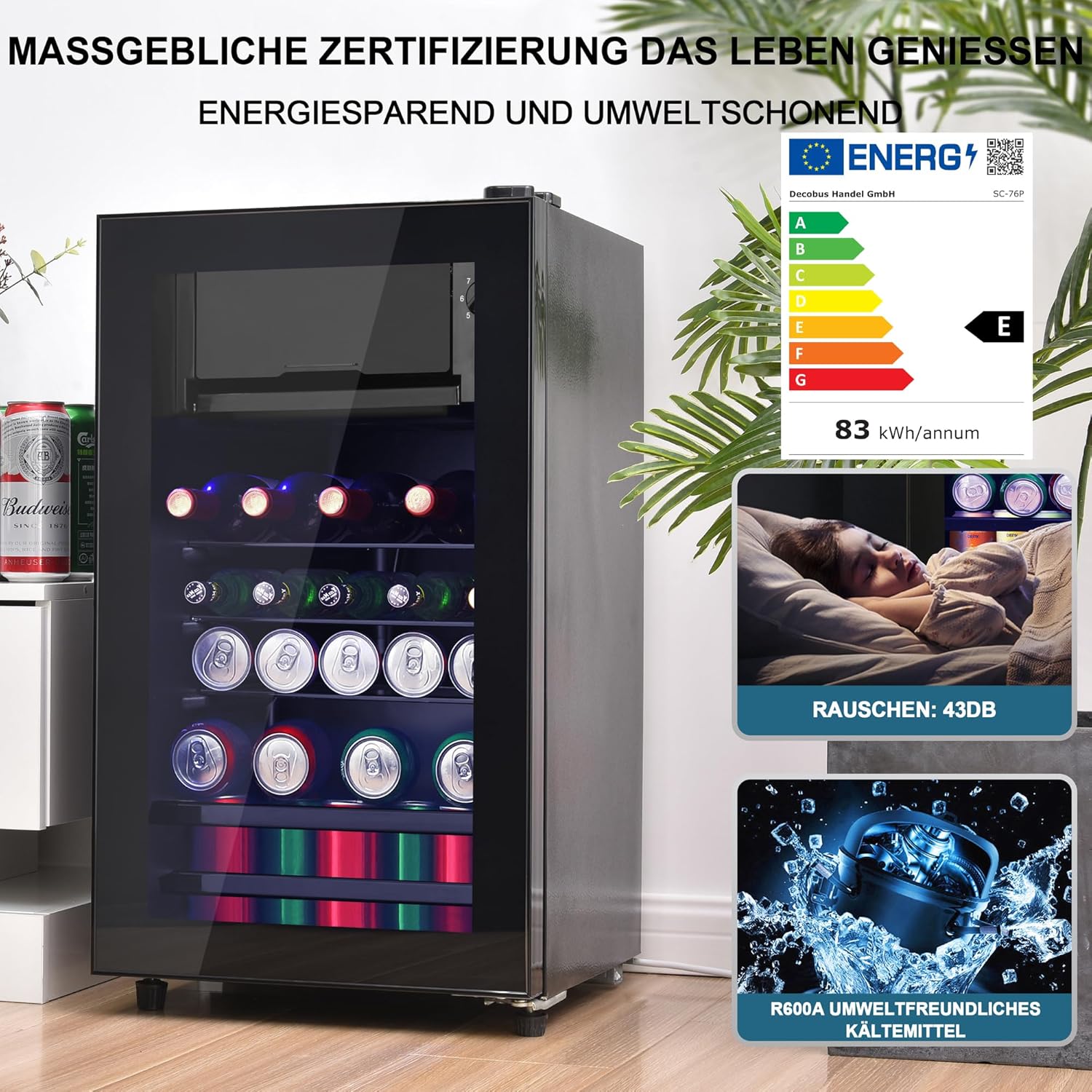 Merax 76L Kühlschrank: Kühlschrank mit 70 l Kühl- und 6 l Gefrierkapazität,LED-Licht,51 Dosen Kapazität, leise Kühlung,anpassbare Einlegeböden [Energieklasse F]
