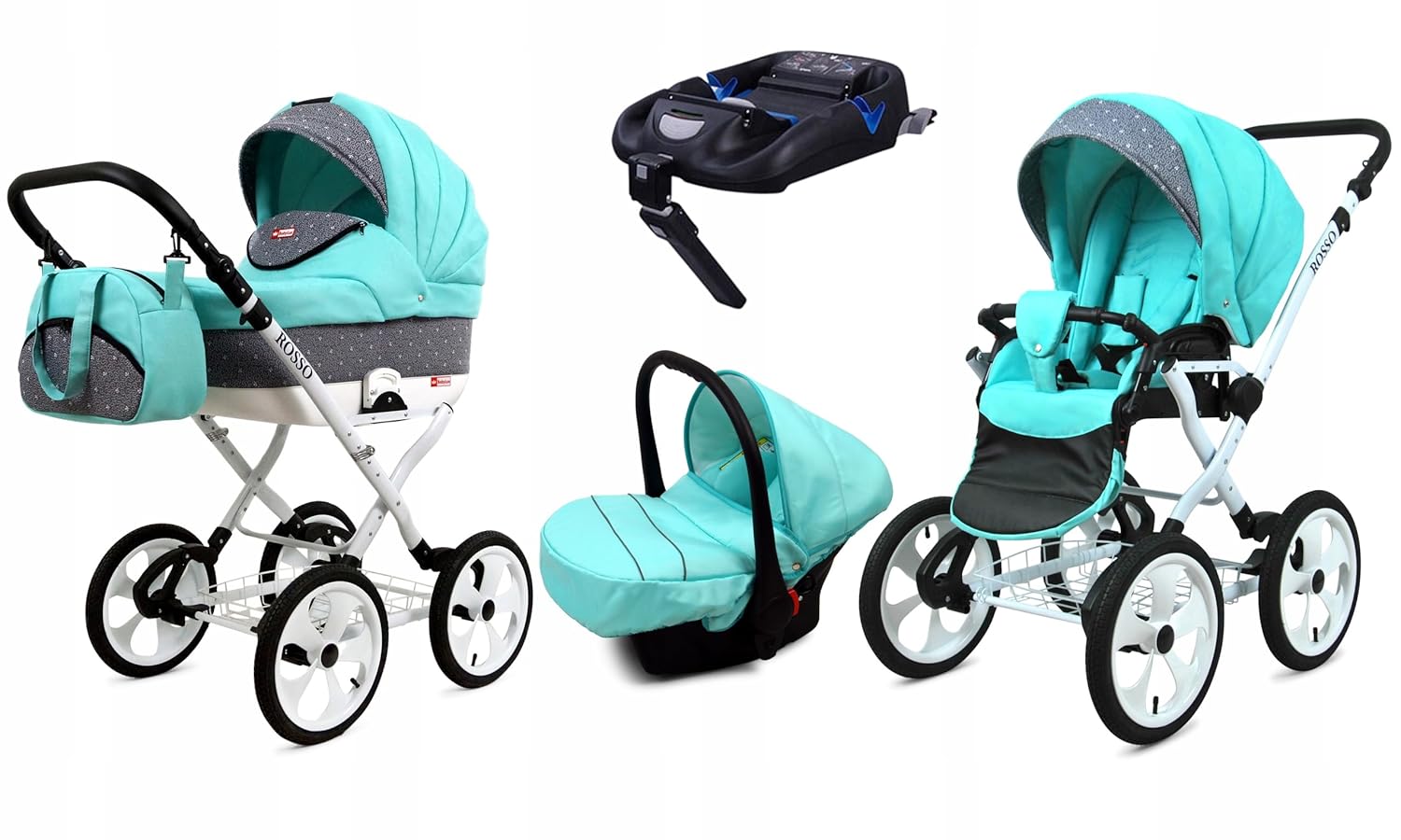 BabyLux® Bambimo Kinderwagen Set 2 in 1 - Rosso - incl. Babywanne, Buggy Sportsitz - Kinderwagenset - Kombikinderwagen mit Wickeltasche, Regenschutz, Moskitonetz, Cupholder usw.