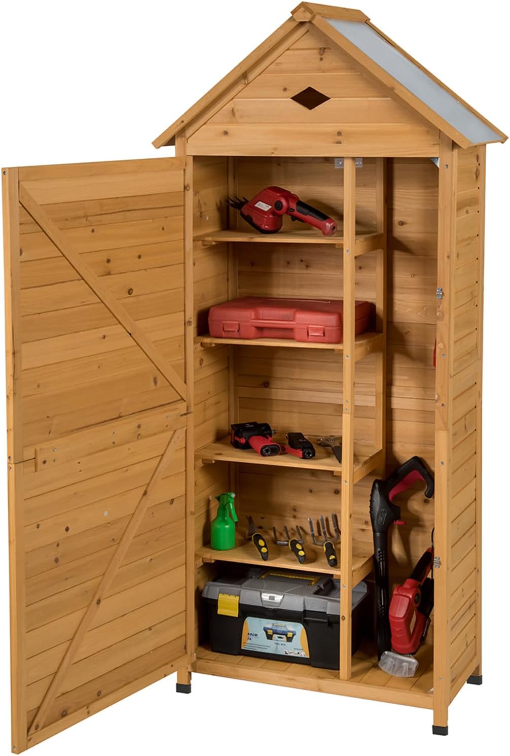 COSTWAY Gartenschrank Holz, Geräteschuppen mit 5 Regalböden und Satteldach, Outdoor Schrank Wetterfest, Geräteschrank Balkonschrank für den außenbereich Garten Balkon (80 x 45 x 177 cm)