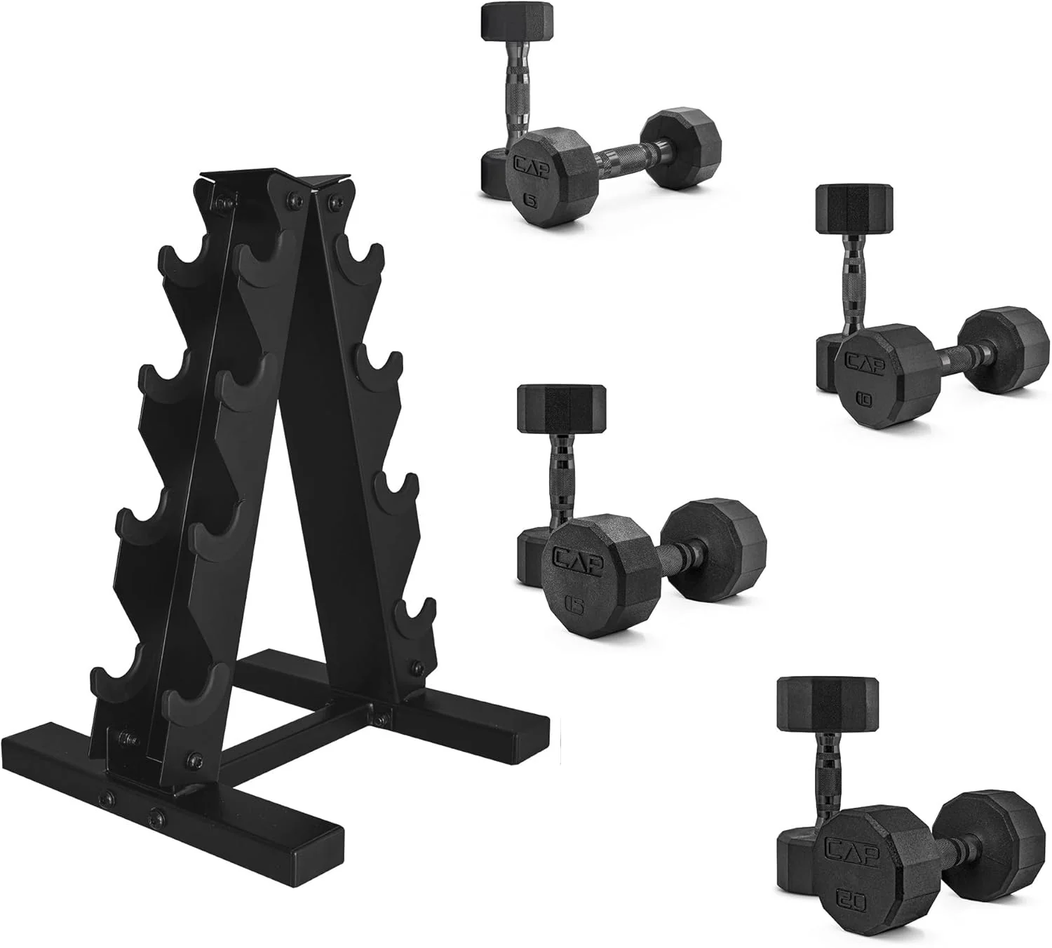 CAP Barbell Rubber Coated Dumbbell Weight Set with Vertical Rack | 100 lb, 150 lb, and 210 lb Options