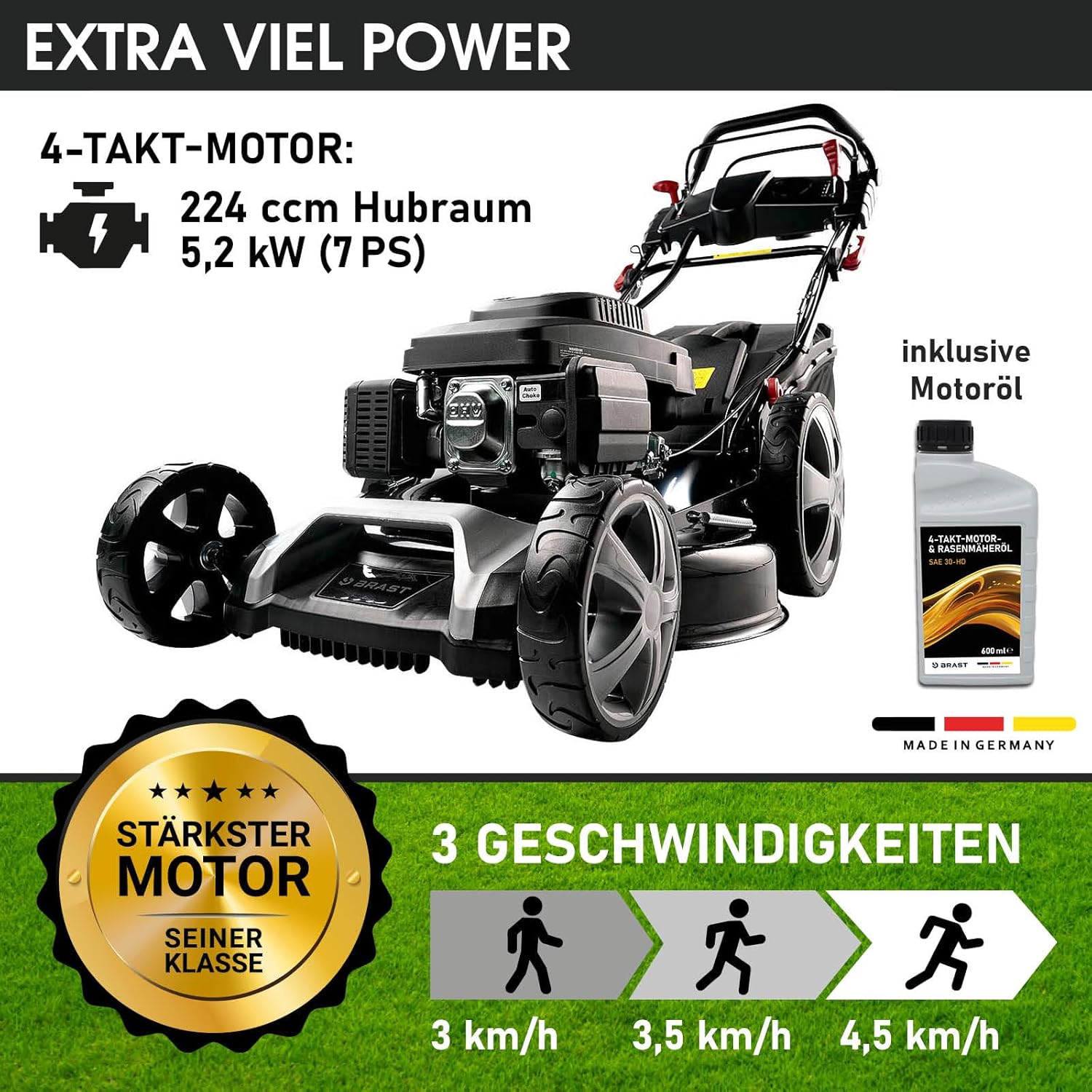 BRAST Benzin Rasenmäher mit Antrieb | 5,2kW (7PS) | 55cm Schnittbreite | viele Modelle | TÜV | 30-80mm Schnitthöhe | 60L Fangkorb | 4 Takt OHV Motor | Stahlgehäuse | Power