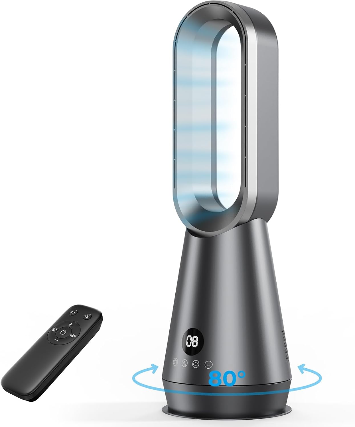 Turmventilator Leise - 60cm Bladeless Turmventilator, 8 Stufen, 2 Modi, 80° Oszillation, LED Display, 1-9H Timer, Ventilator mit Kühlung Fernbedienung für Schlafzimmer, Büro, Wohnzimmer