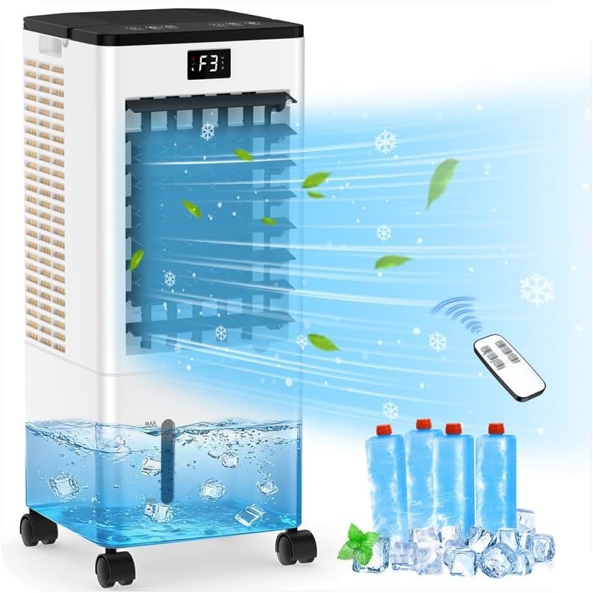 Aire Acondicionado Portátil sin Tubo, Enfriador de Aire Grande 4 en 1, 4 Modos 3 Velocidades, Climatizador Evaporativo 60W, Temporizadores de 1-12 H, con Control Remoto, 4 Ruedas para Hogar Oficina