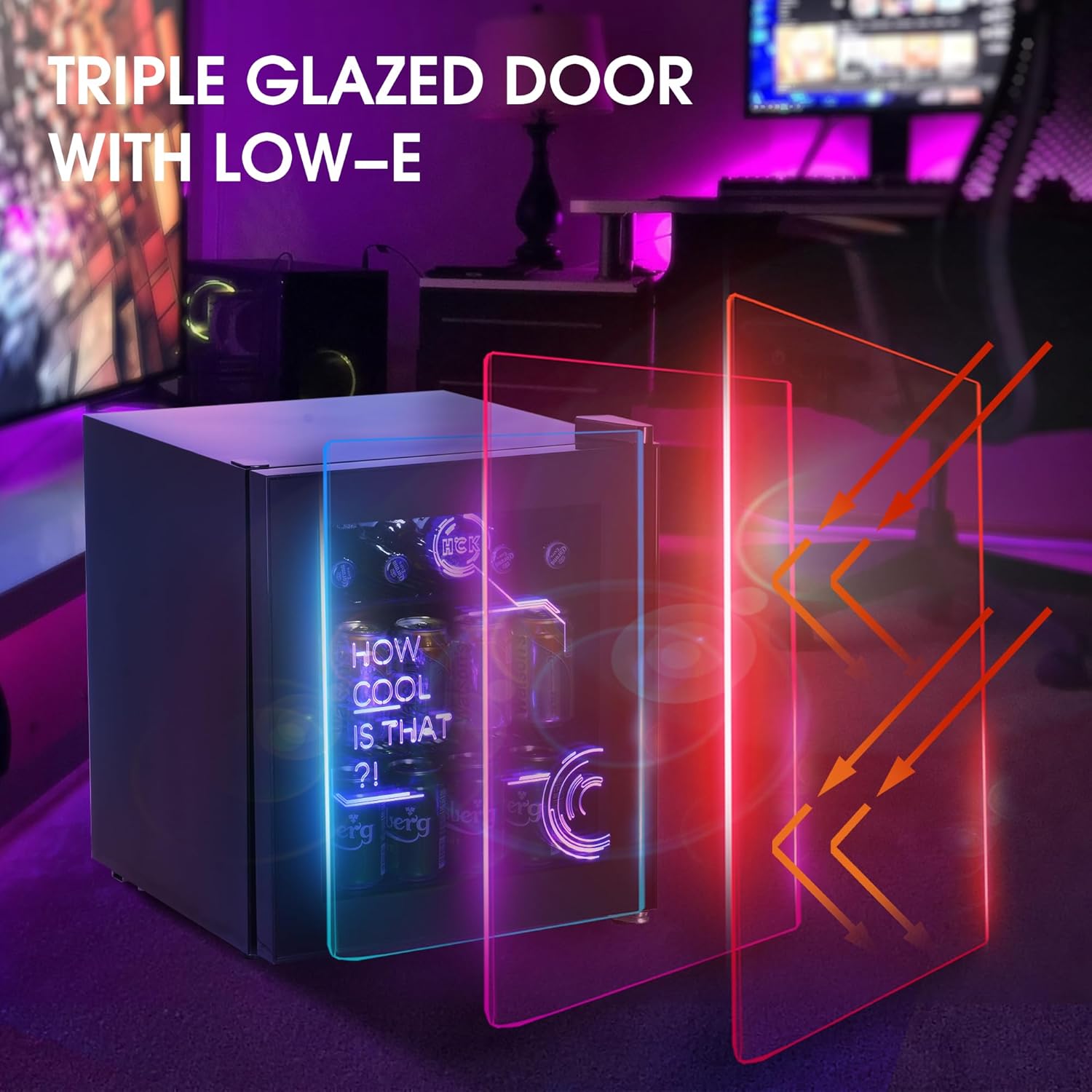 HCK 48L Mini Kühlschrank mit Glastür Leise 39dB, Cyberpunk Getränkekühlschrank mit Fernsteuerbaren RGB LED Lichtern, Flaschenkühlschrank, Mini Fridge 0-15°C für Gaming Deko, Minibar, Schwarz