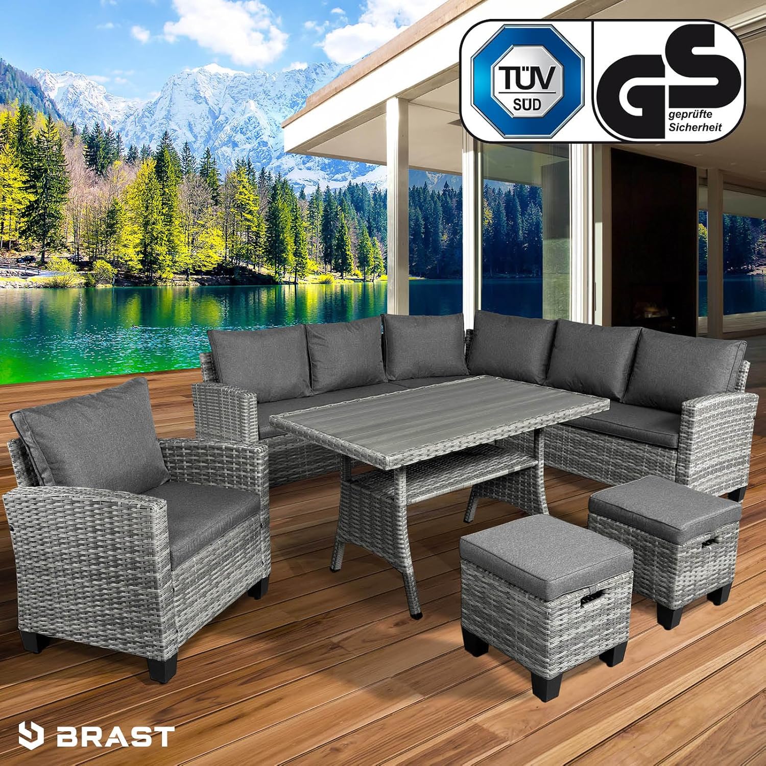 BRAST® Gartenmöbel Set Hacienda | bis zu 10 Personen viele Farben | inkl. Kissen & Abdeckung | TÜV geprüft | Outdoor Loungemöbel Sitzgruppe Essgruppe Garnitur | Grau/Anthrazit