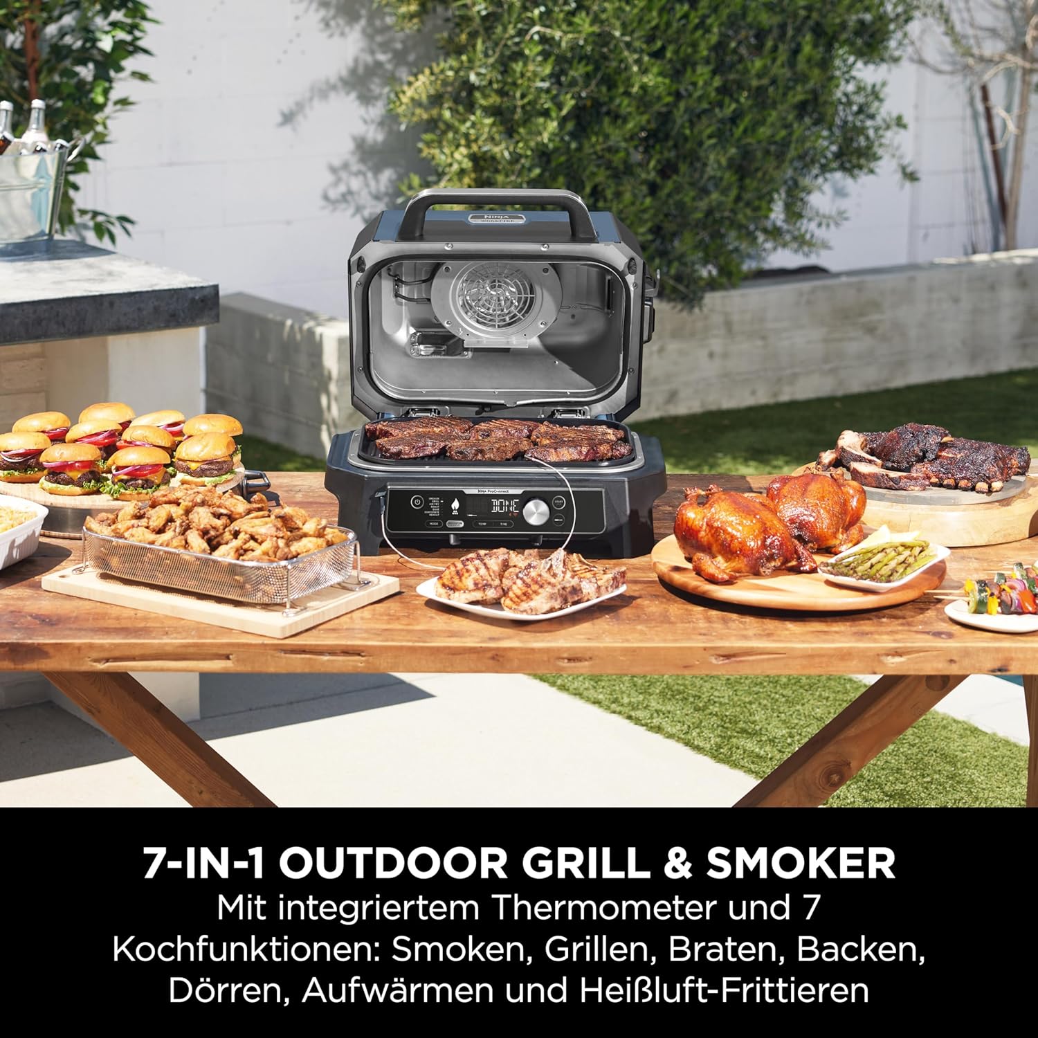 Ninja Woodfire Electric BBQ Grill & Smoker & Air Fryer, 7-in-1 Outdoor BBQ Grill, Air Fry, Smoke, Roast, Bake and more, Weather Resistant, Non-Stick, Portable, Electric, Grey/Black OG701EU