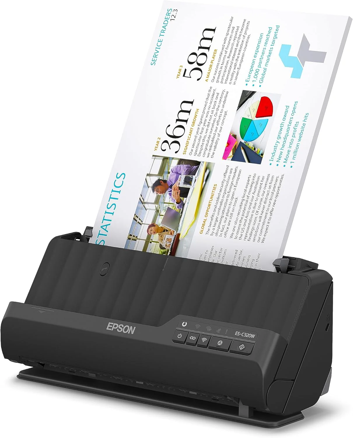 Epson Wi-Fi Scanner ES-C320W, kompakter A4 Business Scanner mit geringem Stromverbrauch, Duplex-Einzugscanner mit vielseitiger Medienverarbeitung, schwarz