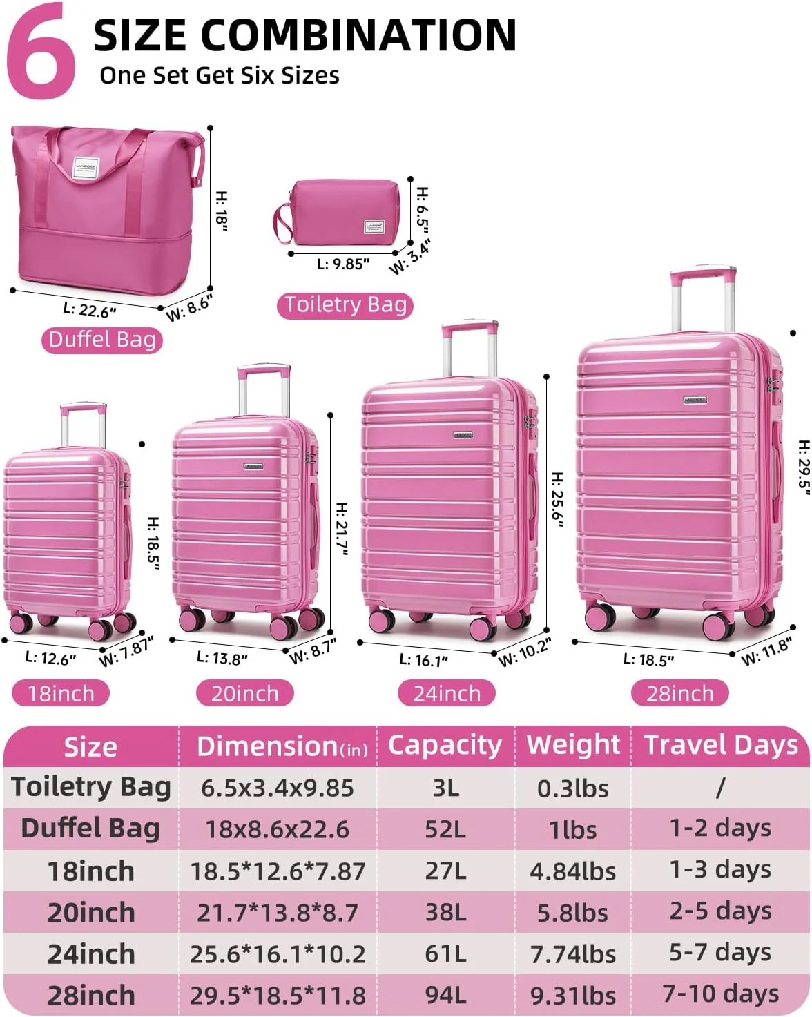 6-piece luggage set, expandable hardshell suitcase set with spinner wheels, lightweight rolling luggage set